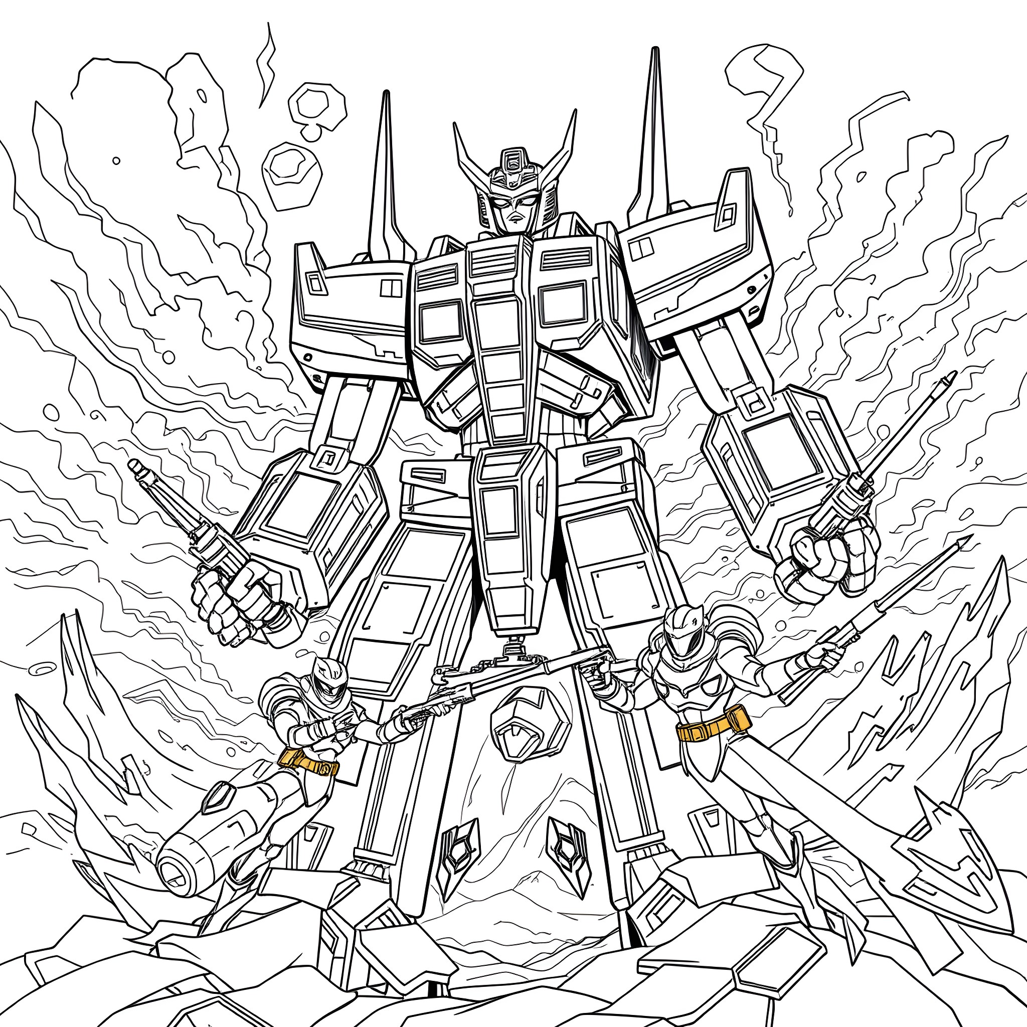 Zord warrior in epic battle mode Coloring Page (free black-and-white line drawing printable PDF for all, from beginners to advanced learners, including children, teens, adults, and seniors)