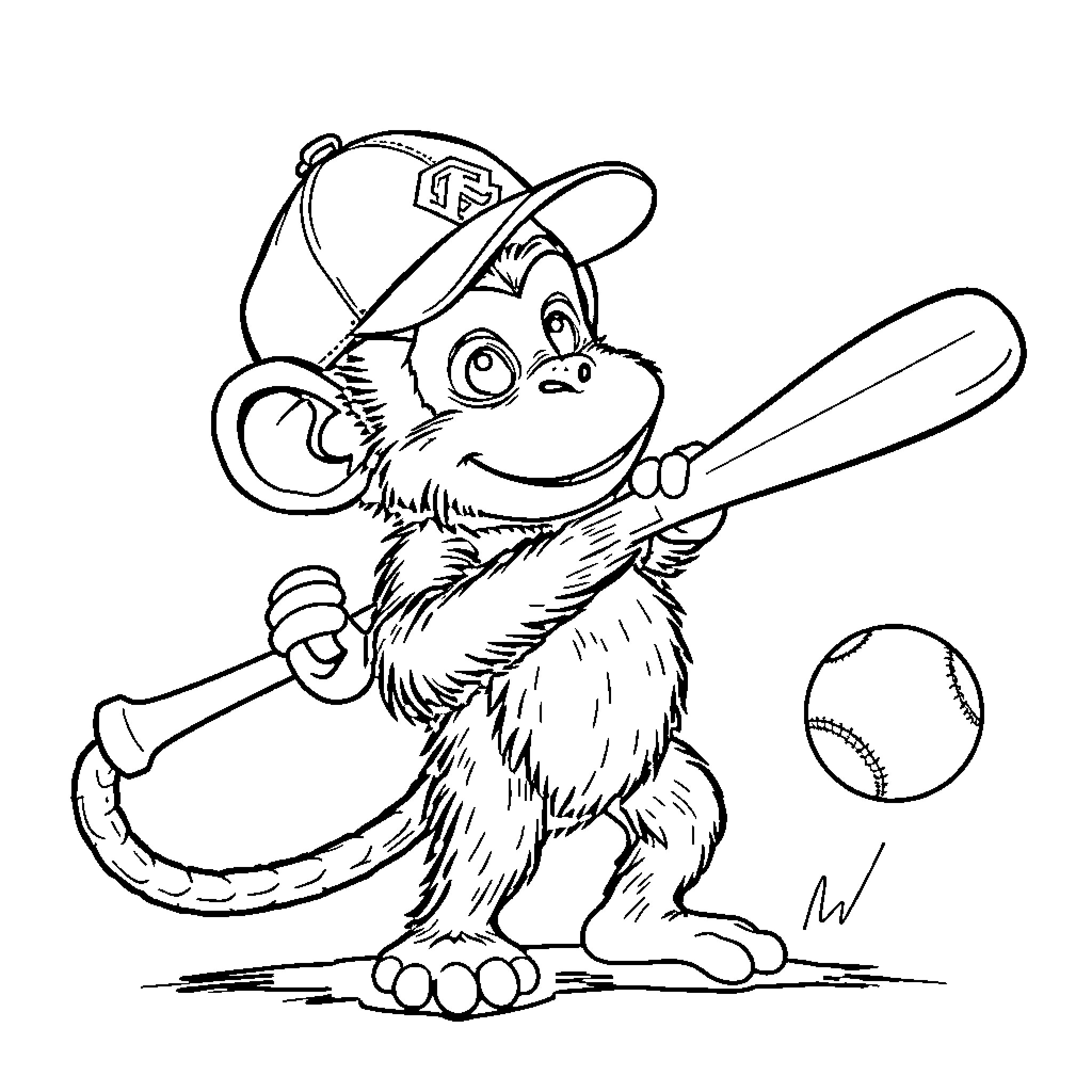 Monkey playing baseball with enthusiasm Coloring Page (free black-and-white line drawing printable PDF for all, from beginners to advanced learners, including children, teens, adults, and seniors)