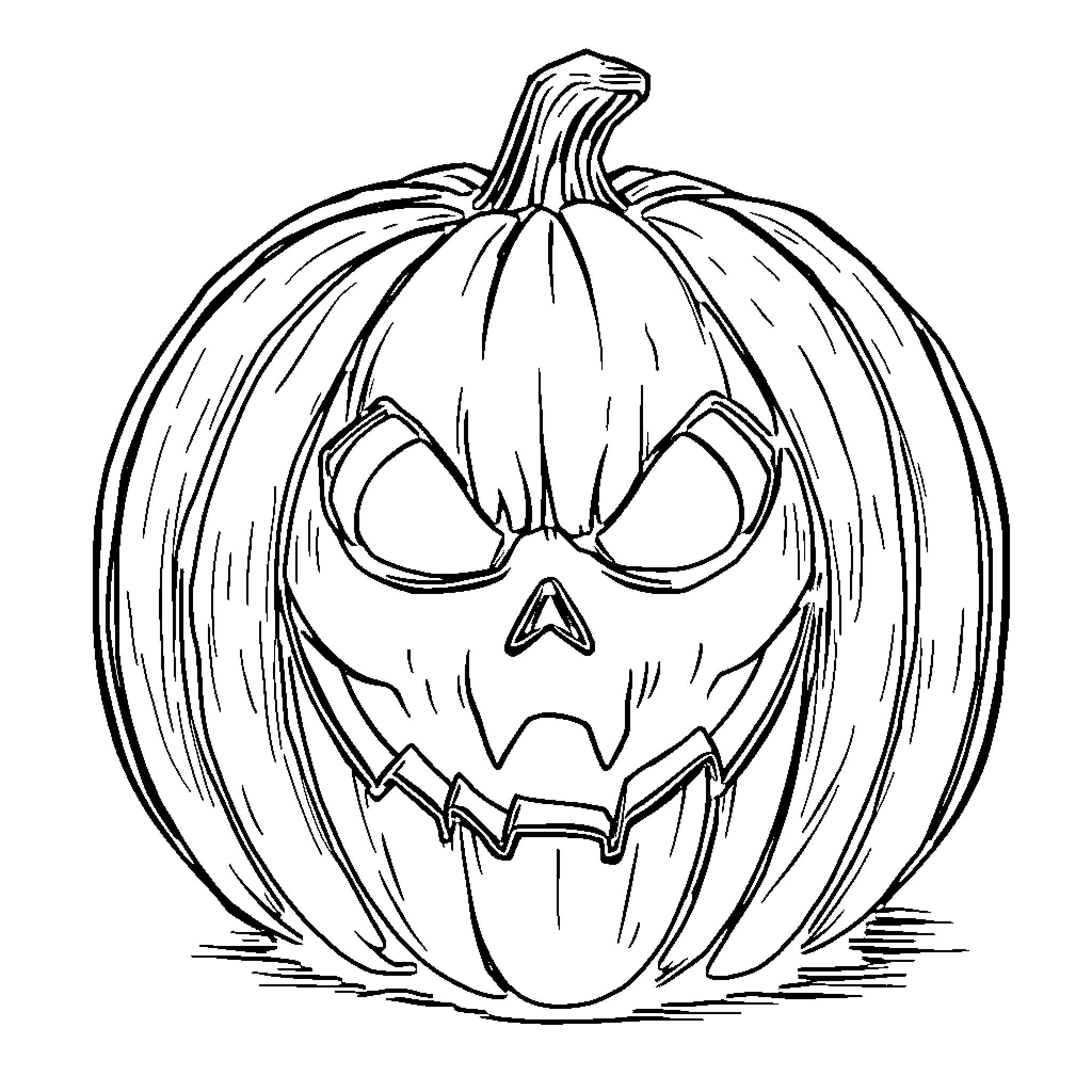 Pumpkin with ominous expression Coloring Page (free black-and-white line drawing printable PDF for all, from beginners to advanced learners, including children, teens, adults, and seniors)