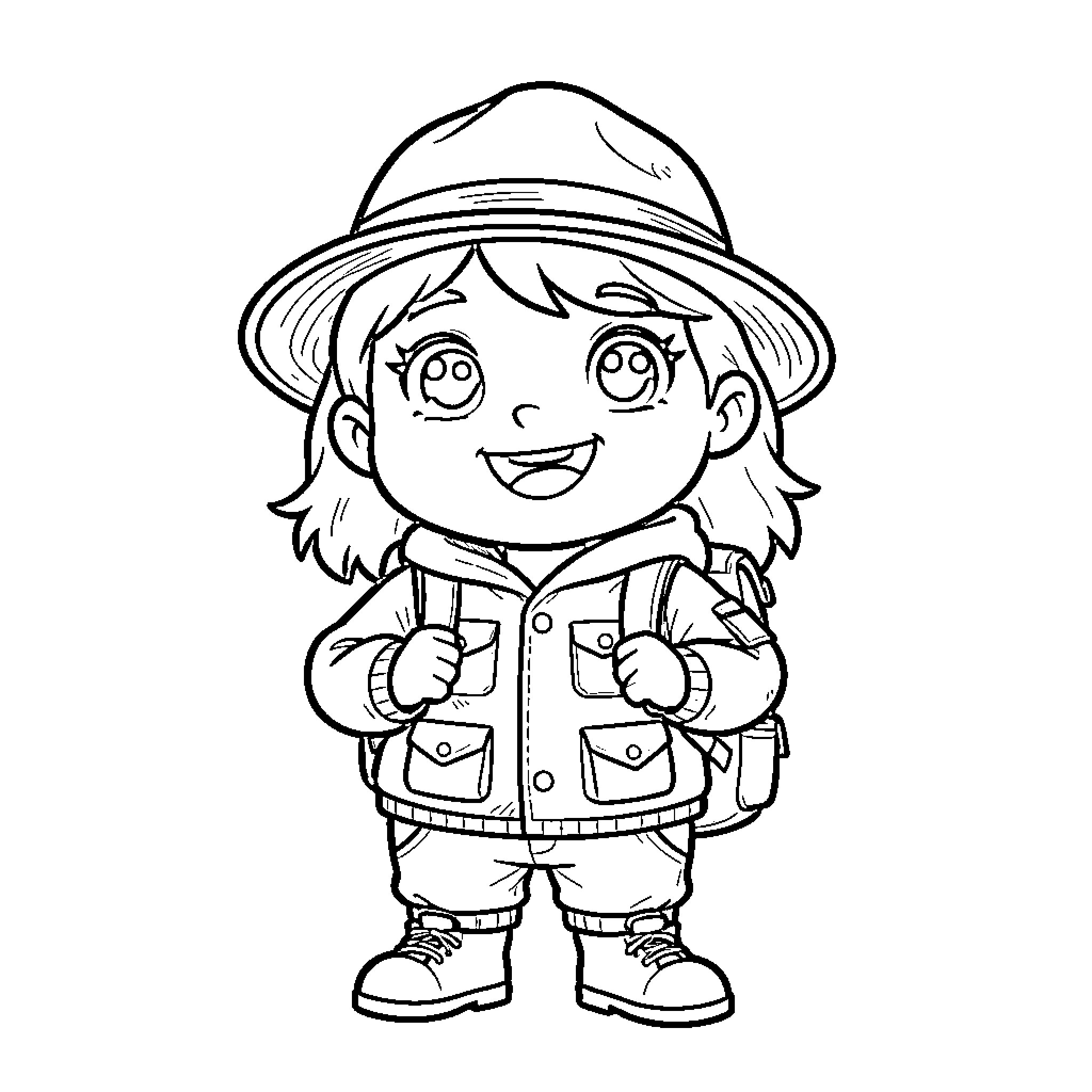 Minie wearing a hat and backpack smiling happily Coloring Page (free black-and-white line drawing printable PDF for all, from beginners to advanced learners, including children, teens, adults, and seniors)