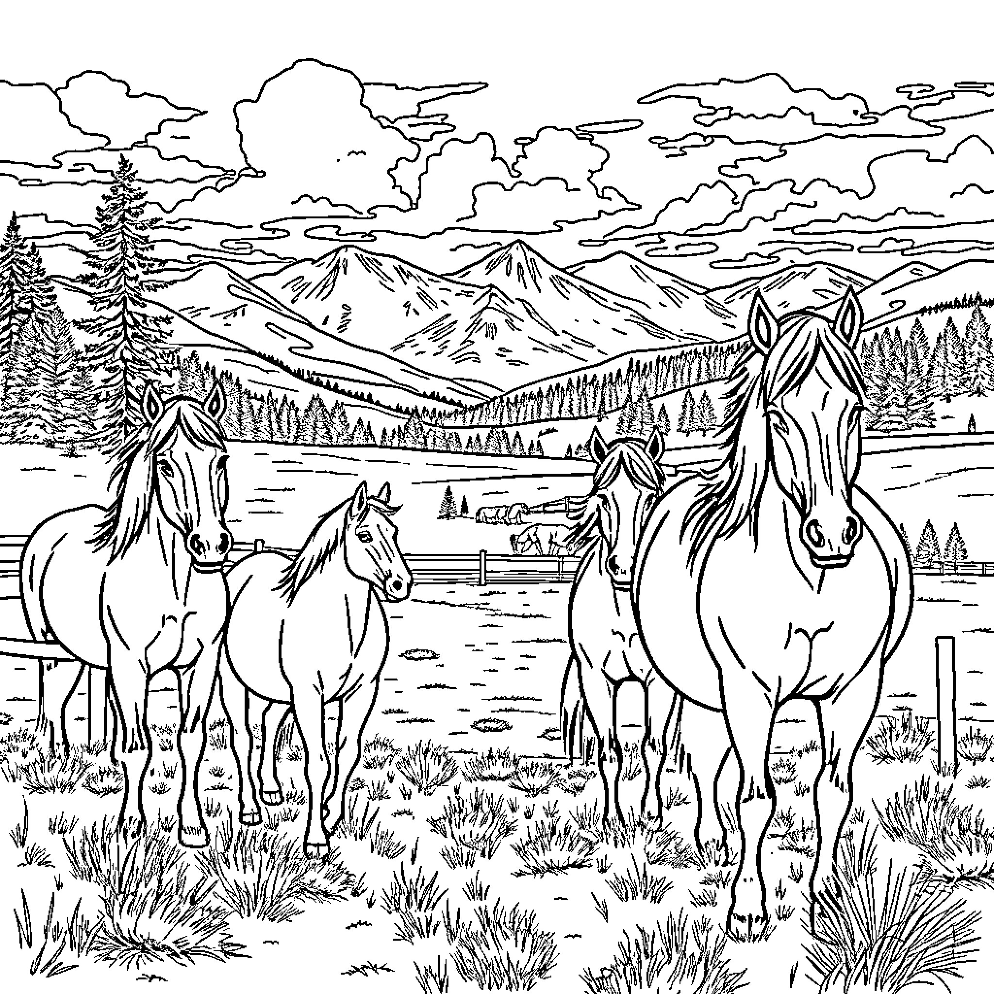 Heartland Horses in the Mountain Meadow Coloring Page (free black-and-white line drawing printable PDF for all, from beginners to advanced learners, including children, teens, adults, and seniors)