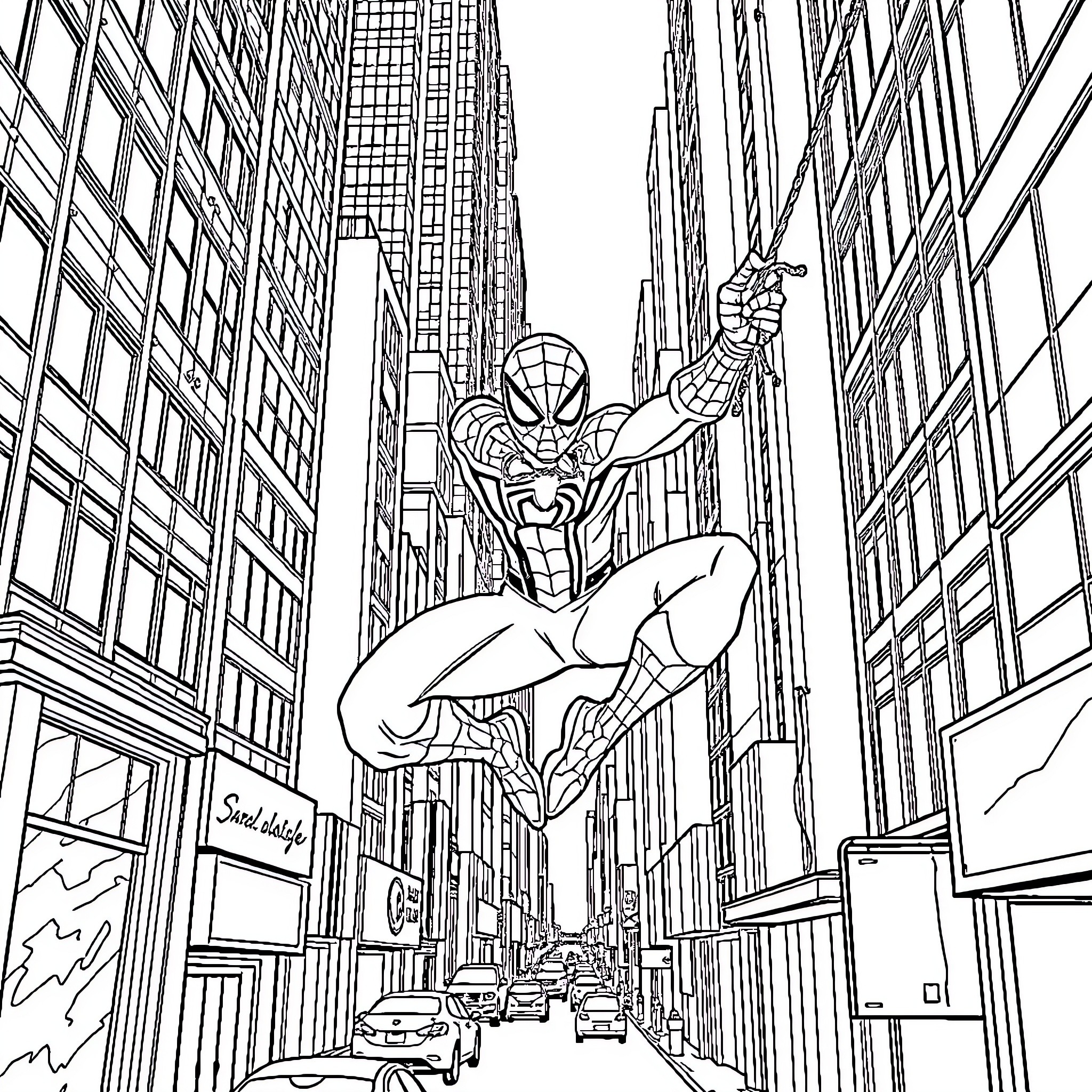Spiderman swinging through the city skyline Coloring Page (free black-and-white line drawing printable PDF for all, from beginners to advanced learners, including children, teens, adults, and seniors)