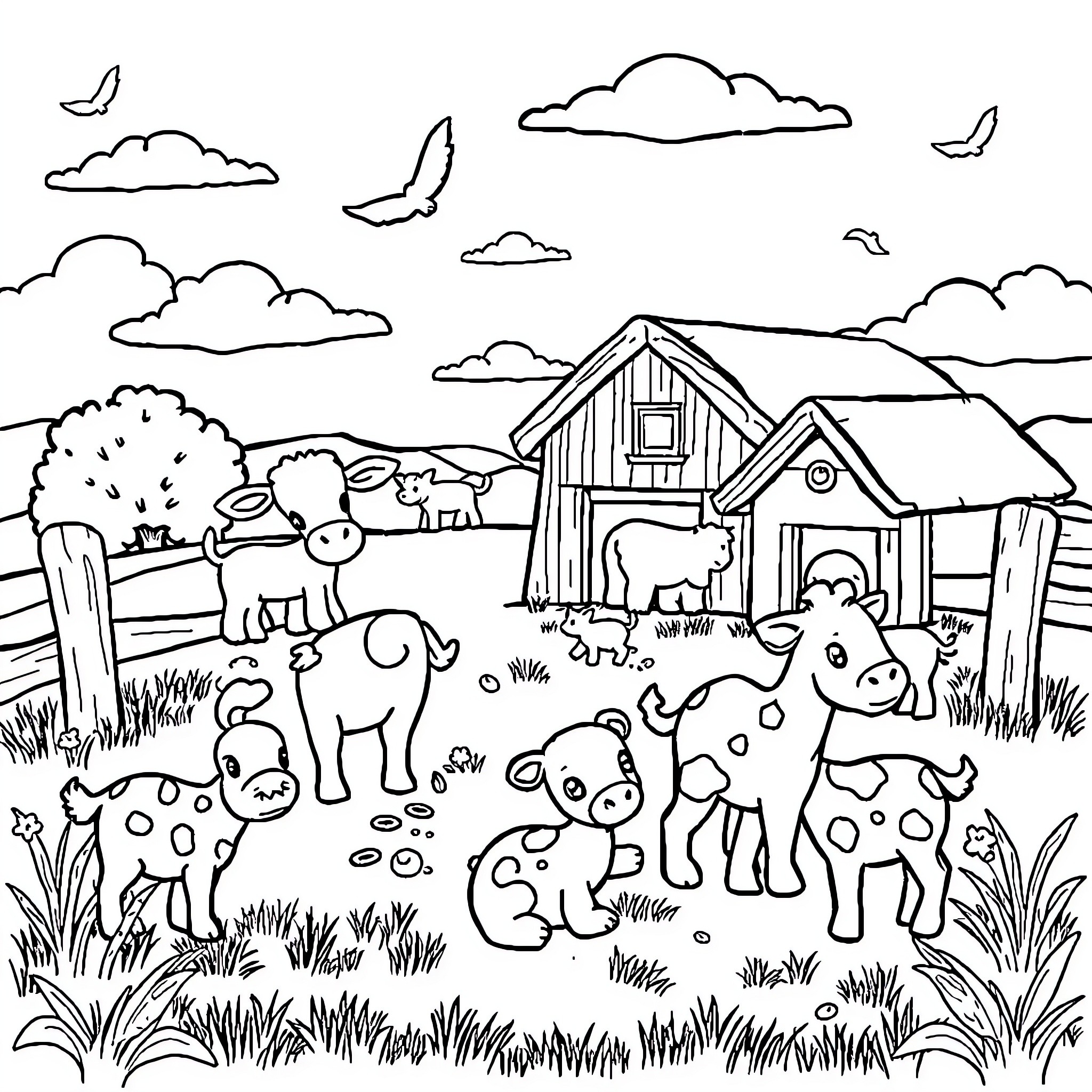 Baby Animals playing happily on the Farm Coloring Page (free black-and-white line drawing printable PDF for all, from beginners to advanced learners, including children, teens, adults, and seniors)