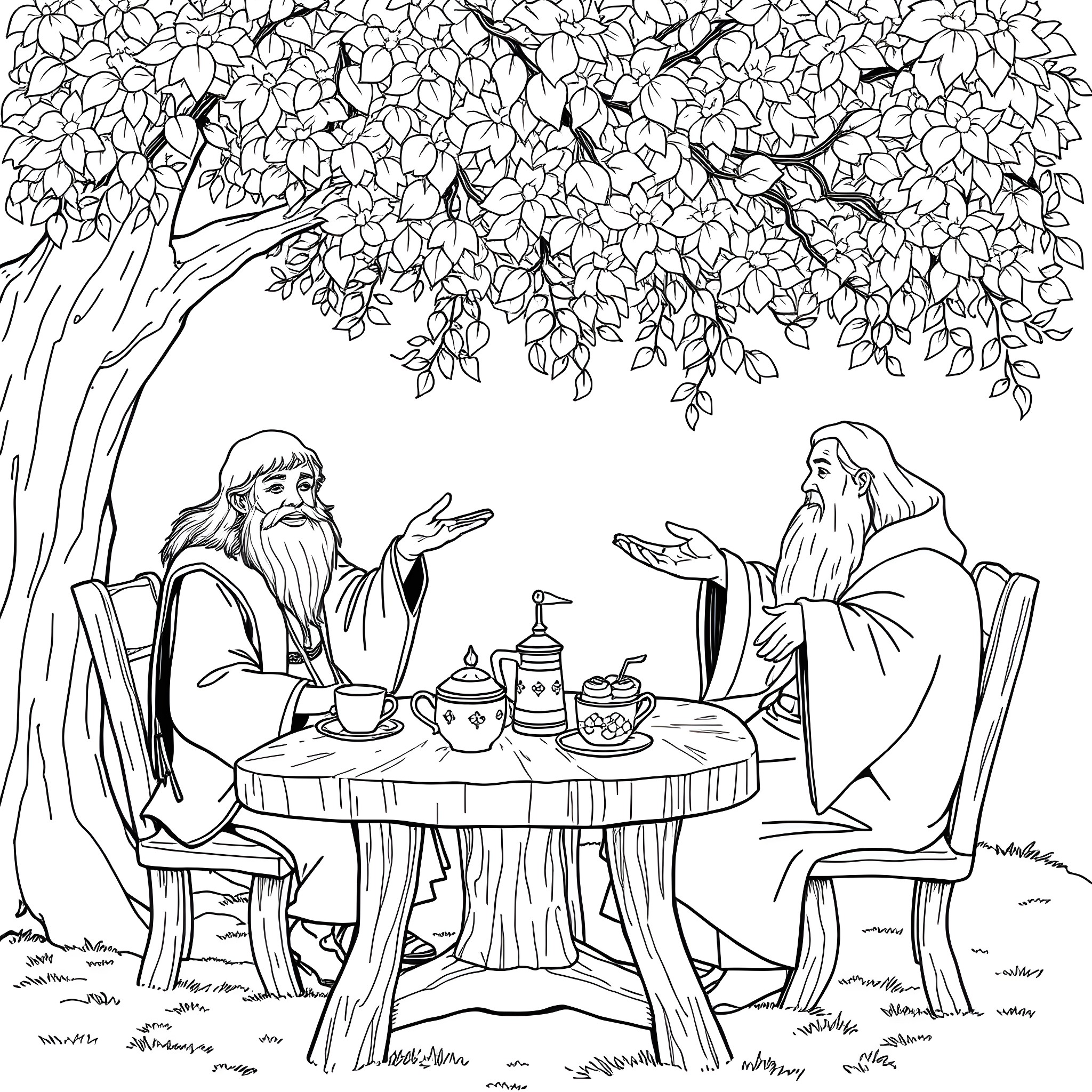 Frodo and Gandalf having a discussion under the tree Coloring Page (free black-and-white line drawing printable PDF for all, from beginners to advanced learners, including children, teens, adults, and seniors)