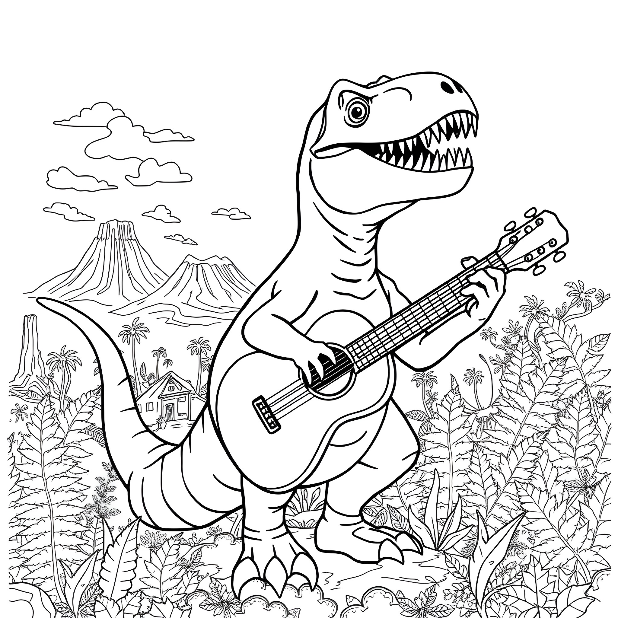 T-Rex playing guitar in a tropical landscape Coloring Page (free black-and-white line drawing printable PDF for all, from beginners to advanced learners, including children, teens, adults, and seniors)
