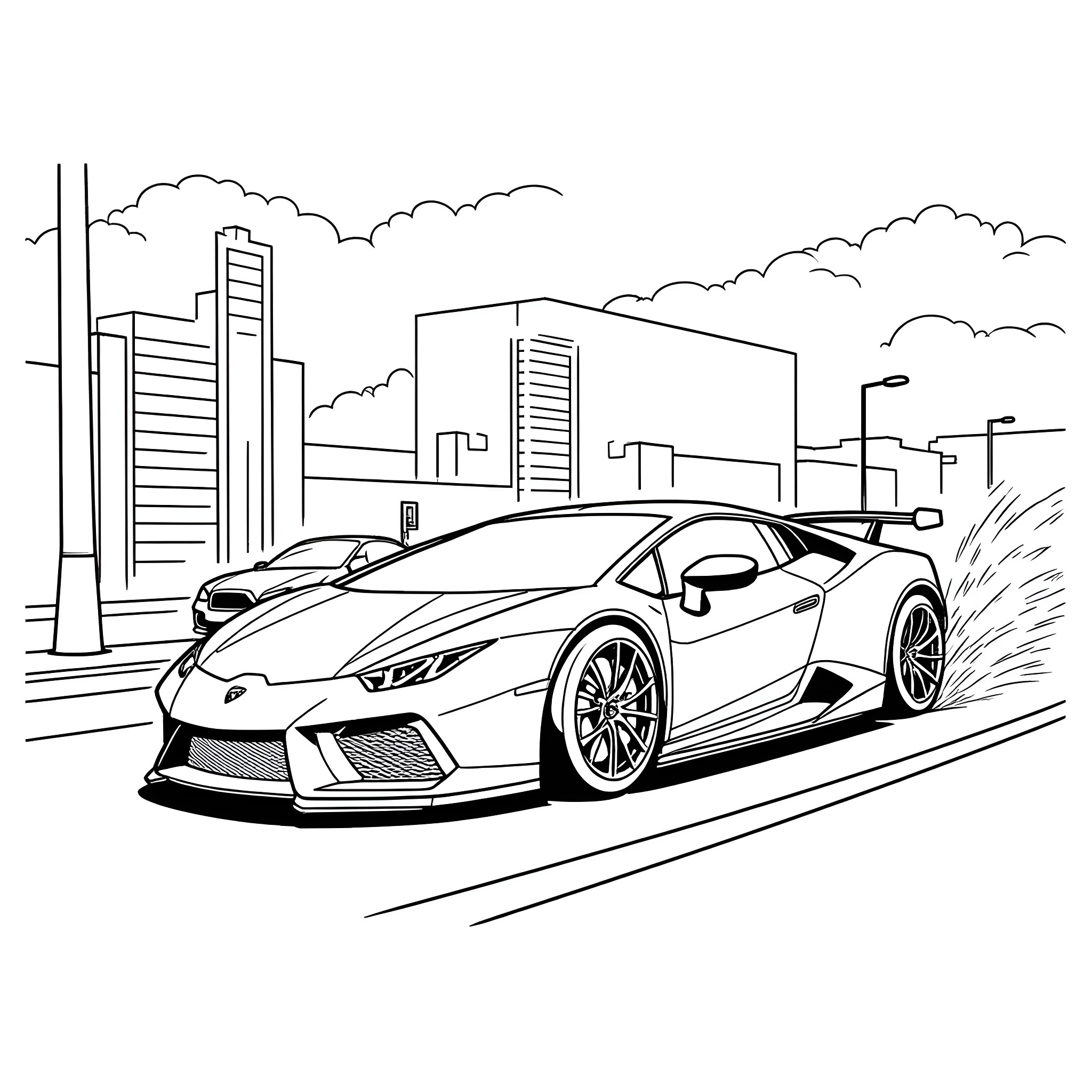 Lamborghini racing through the city streets Coloring Page (free black-and-white line drawing printable PDF for all, from beginners to advanced learners, including children, teens, adults, and seniors)