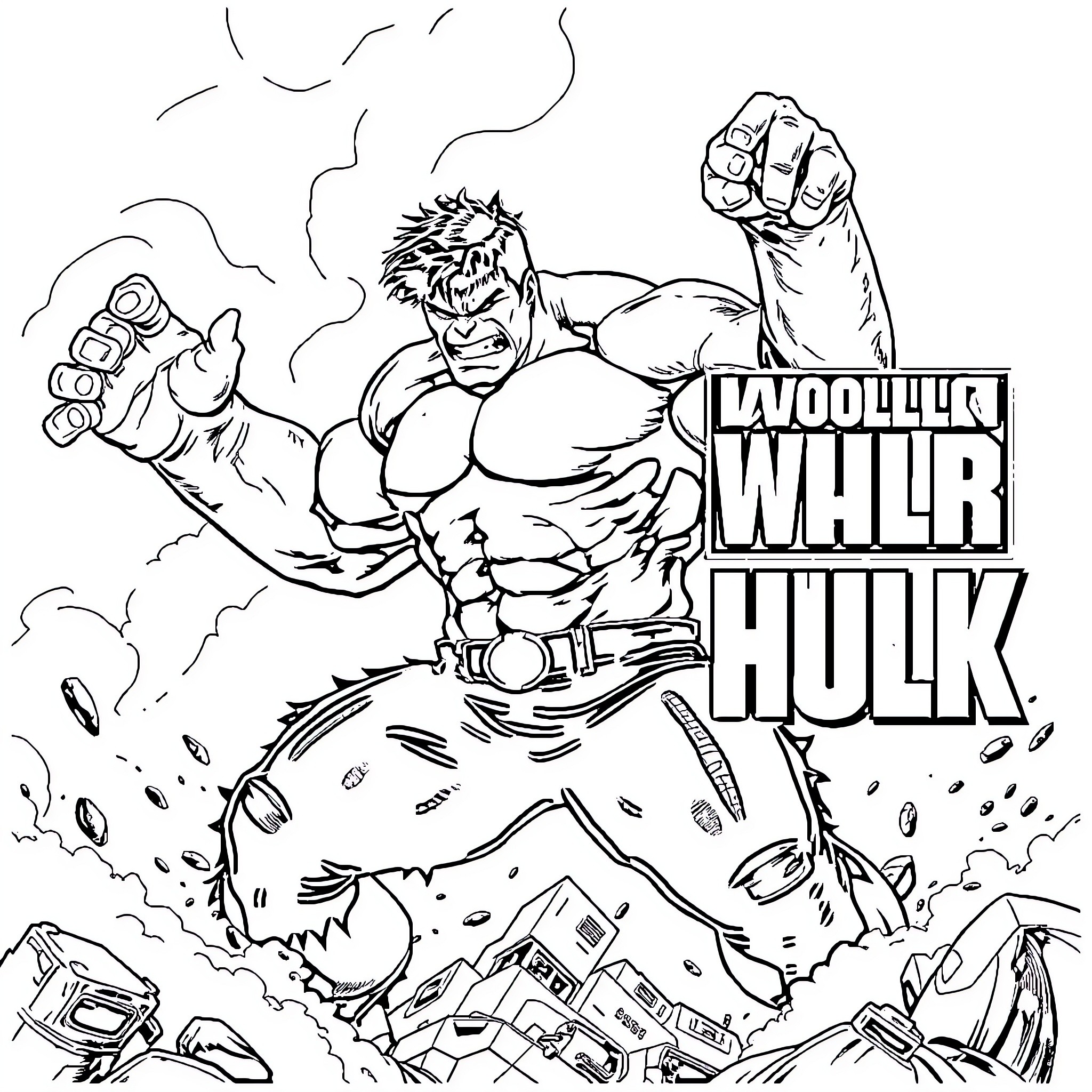 Hulk Smashing Through Rubble and Debris Coloring Page (free black-and-white line drawing printable PDF for all, from beginners to advanced learners, including children, teens, adults, and seniors)