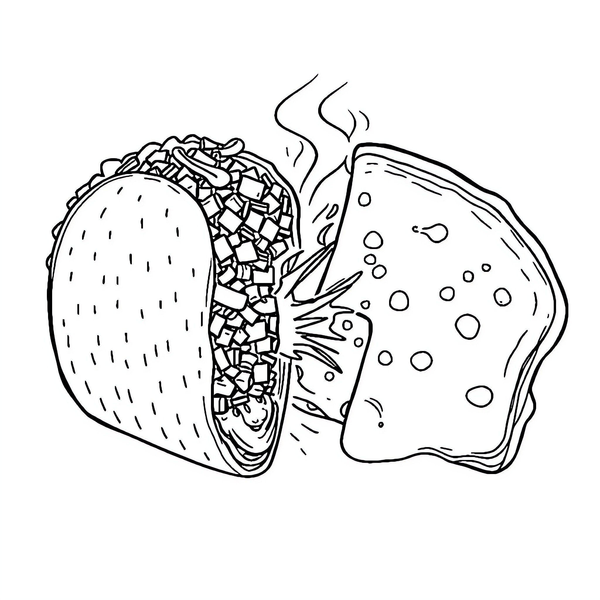 Taco with savory filling and steaming smoke Coloring Page (free black-and-white line drawing printable PDF for all, from beginners to advanced learners, including children, teens, adults, and seniors)