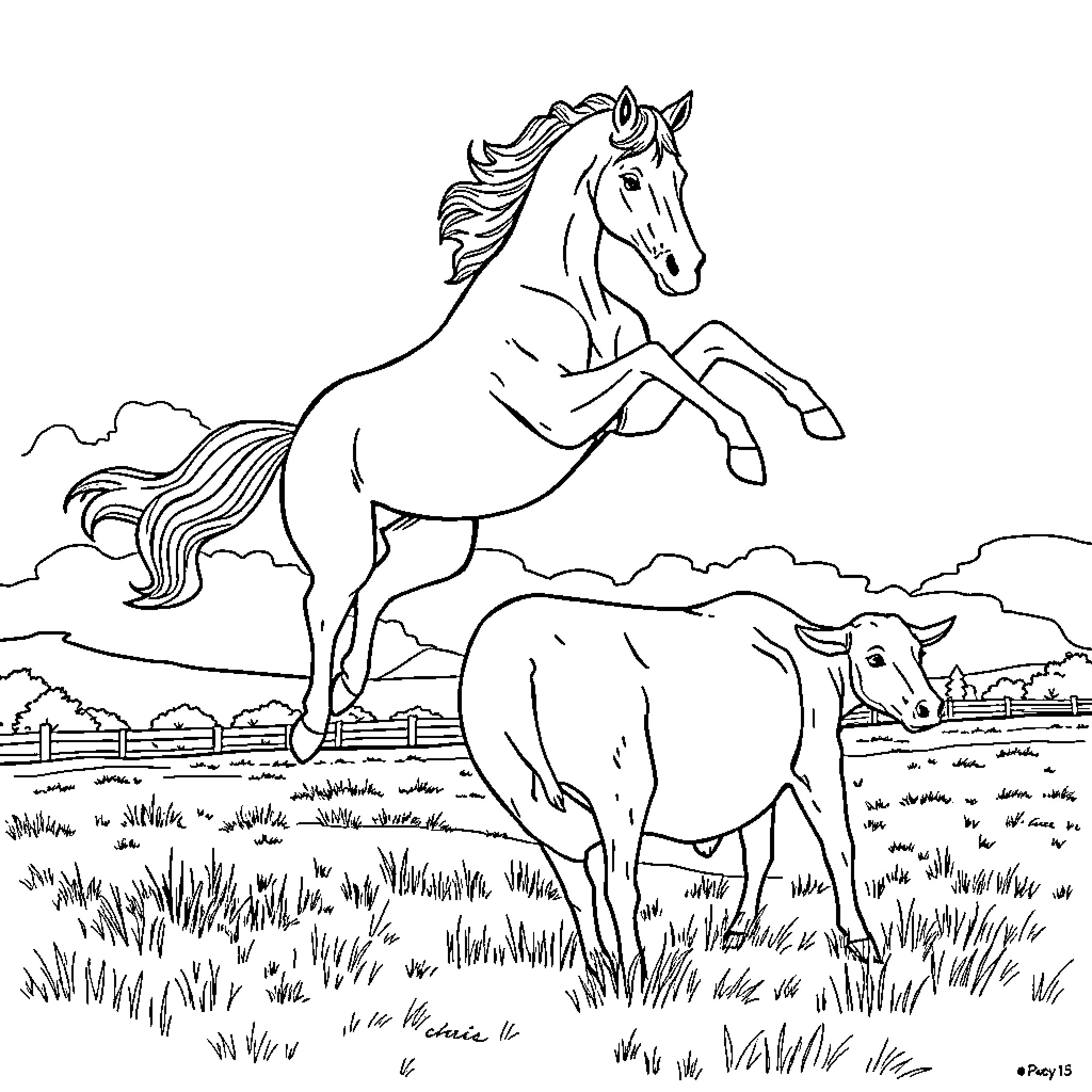 Horse playing joyfully in the countryside Coloring Page (free black-and-white line drawing printable PDF for all, from beginners to advanced learners, including children, teens, adults, and seniors)
