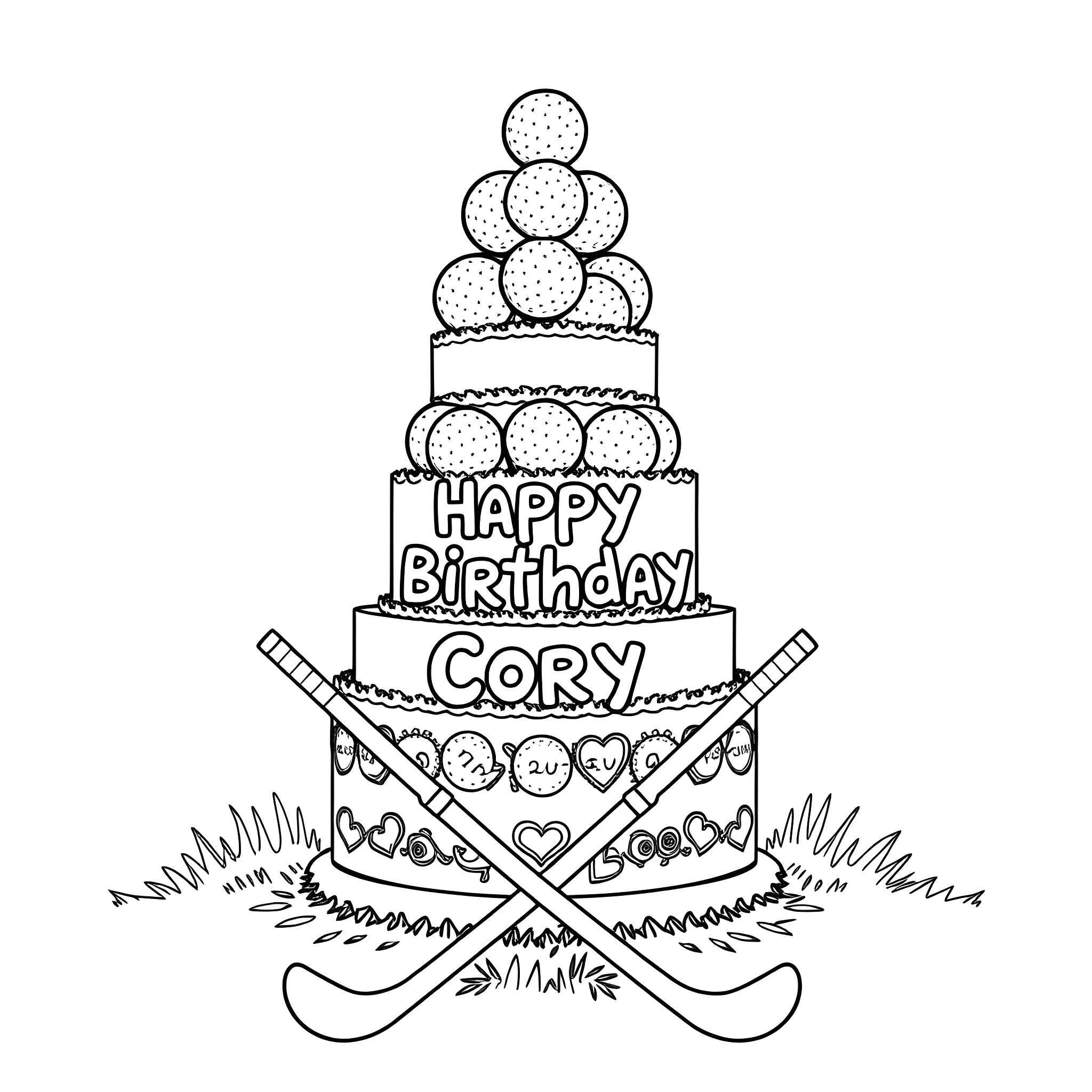 Golf themed birthday cake for Cory Coloring Page (free black-and-white line drawing printable PDF for all, from beginners to advanced learners, including children, teens, adults, and seniors)