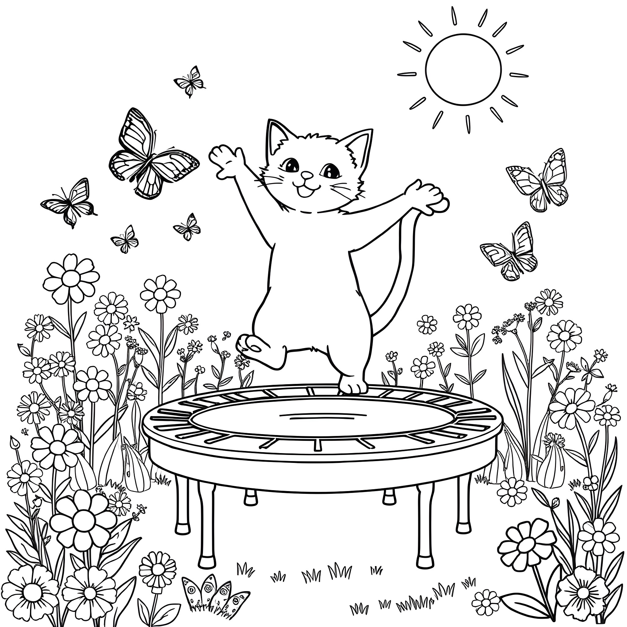 Cat playing joyfully on a trampoline in a garden Coloring Page (free black-and-white line drawing printable PDF for all, from beginners to advanced learners, including children, teens, adults, and seniors)