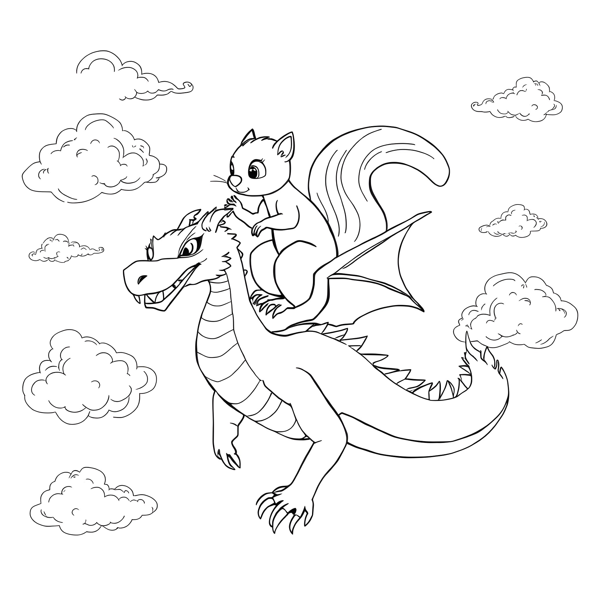 Squirrel riding on the back of a dragon Coloring Page (free black-and-white line drawing printable PDF for all, from beginners to advanced learners, including children, teens, adults, and seniors)