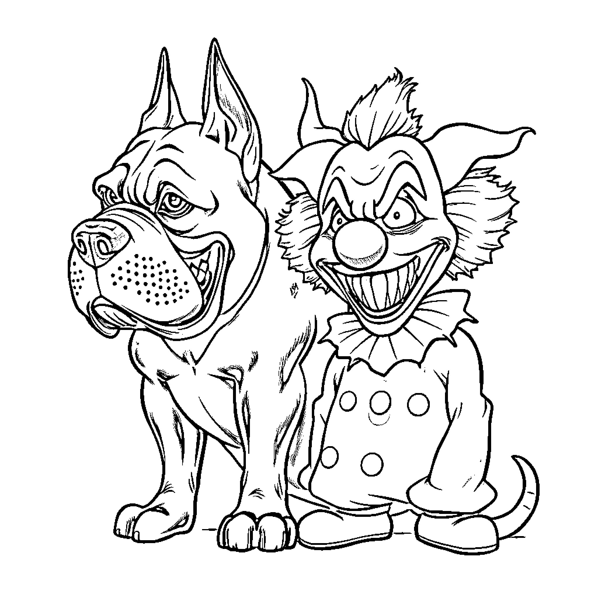 Cane Corso and Clown Companion Coloring Page (free black-and-white line drawing printable PDF for all, from beginners to advanced learners, including children, teens, adults, and seniors)