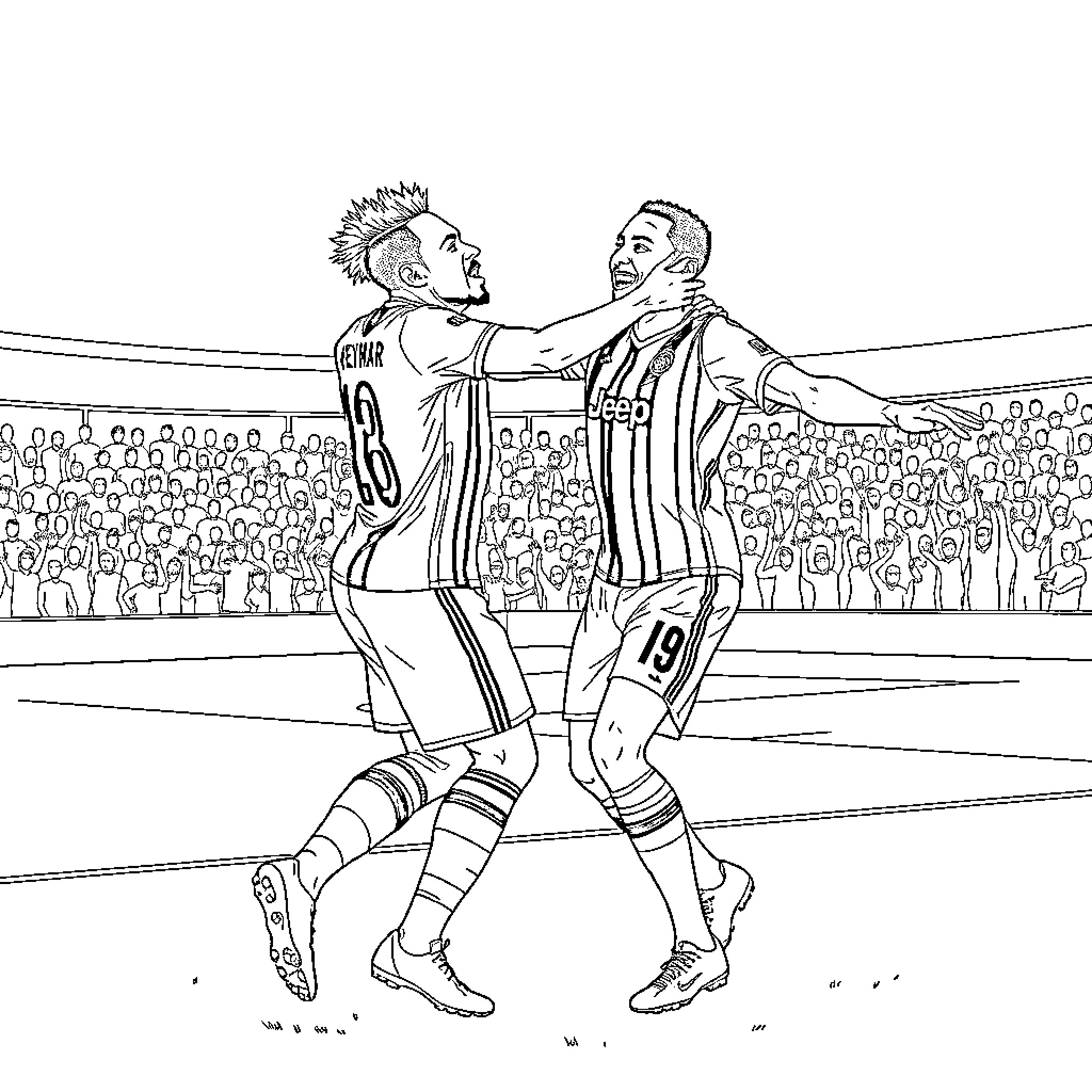 Neymar and opponent in intense soccer match Coloring Page (free black-and-white line drawing printable PDF for all, from beginners to advanced learners, including children, teens, adults, and seniors)