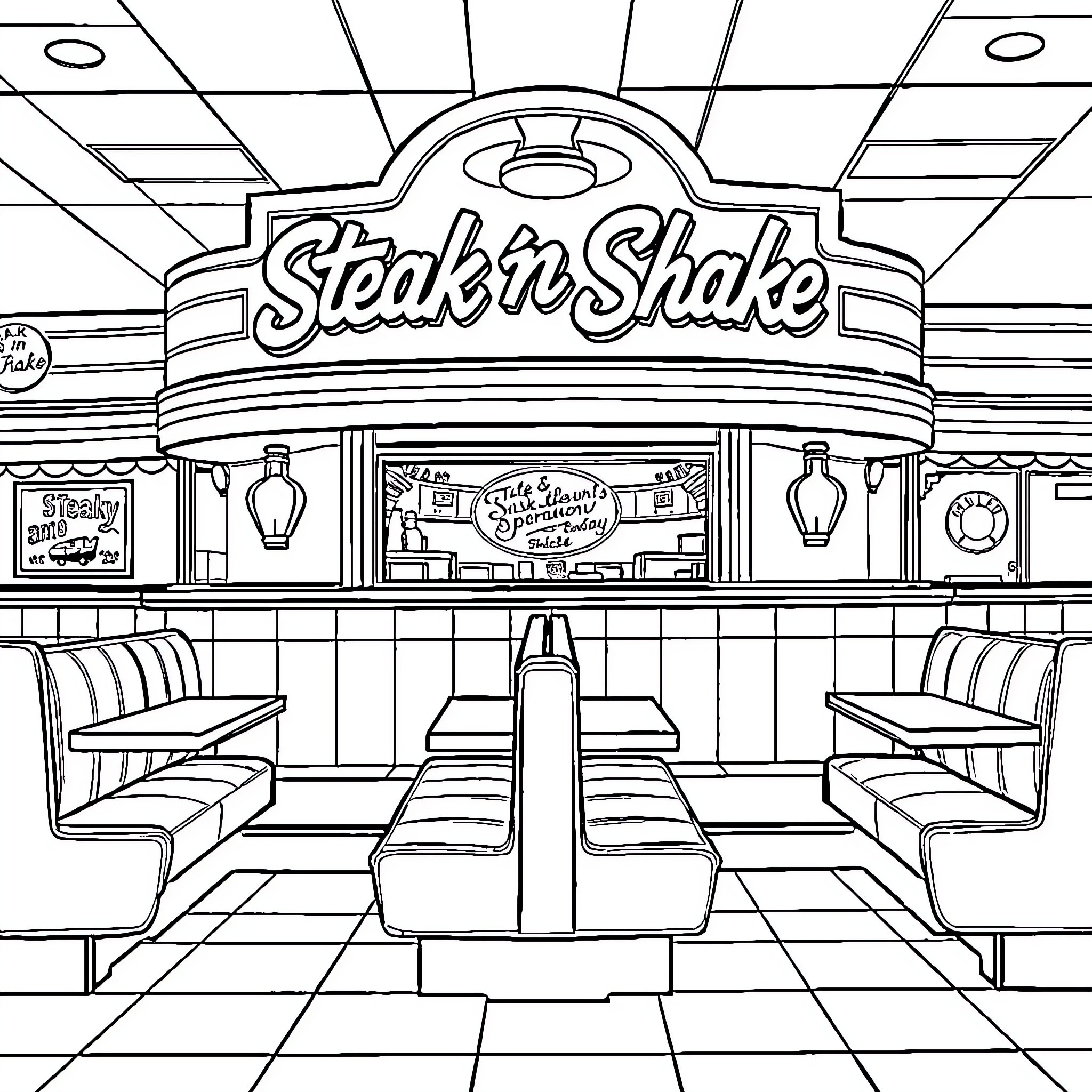 Steak n Shake restaurant interior with seating and decor Coloring Page (free black-and-white line drawing printable PDF for all, from beginners to advanced learners, including children, teens, adults, and seniors)