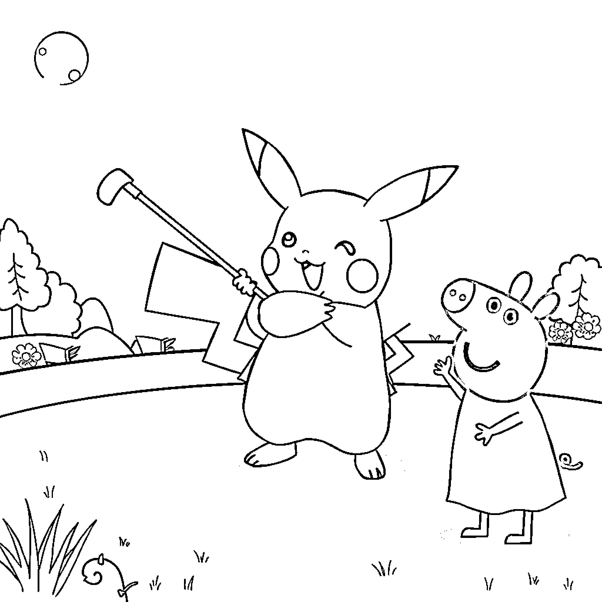 Pikachu playing with Peppa Pig in the park Coloring Page (free black-and-white line drawing printable PDF for all, from beginners to advanced learners, including children, teens, adults, and seniors)