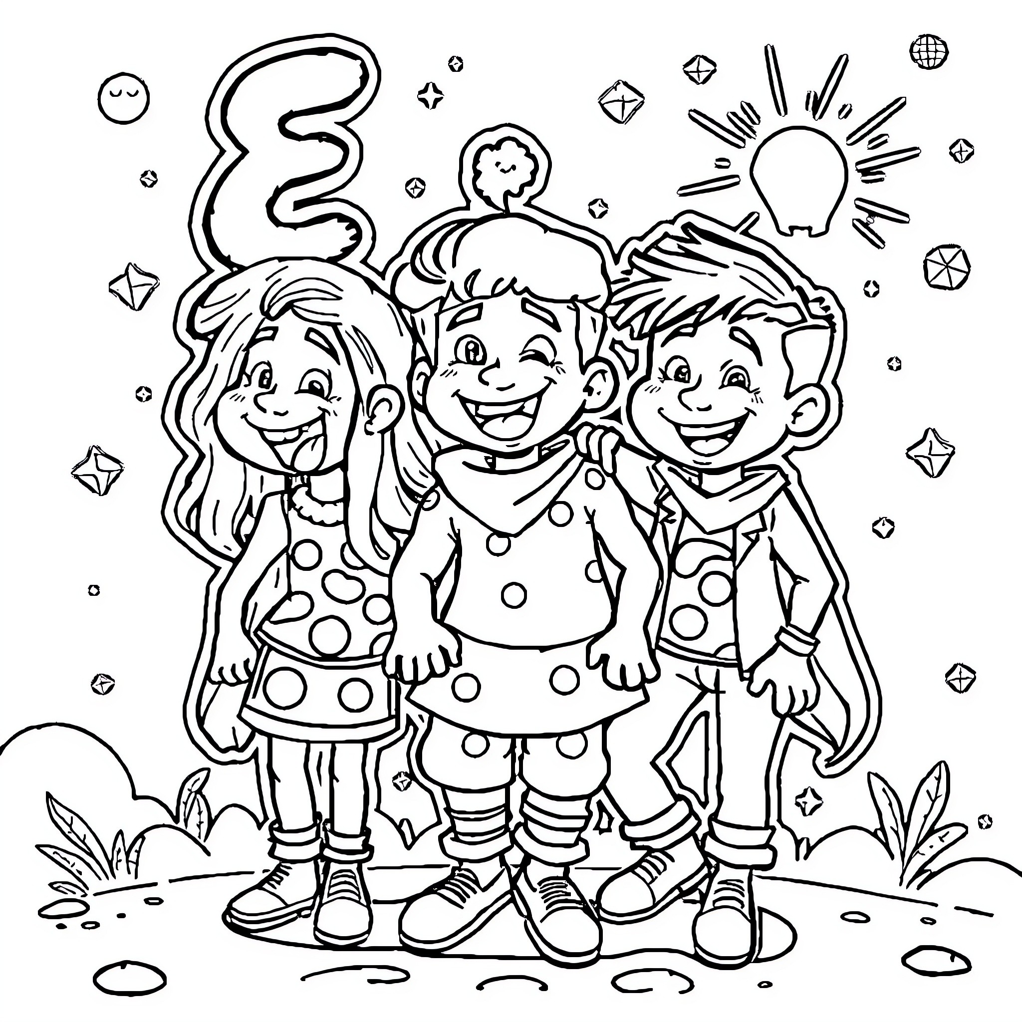 Eso Playful children enjoying outdoor adventure Coloring Page (free black-and-white line drawing printable PDF for all, from beginners to advanced learners, including children, teens, adults, and seniors)