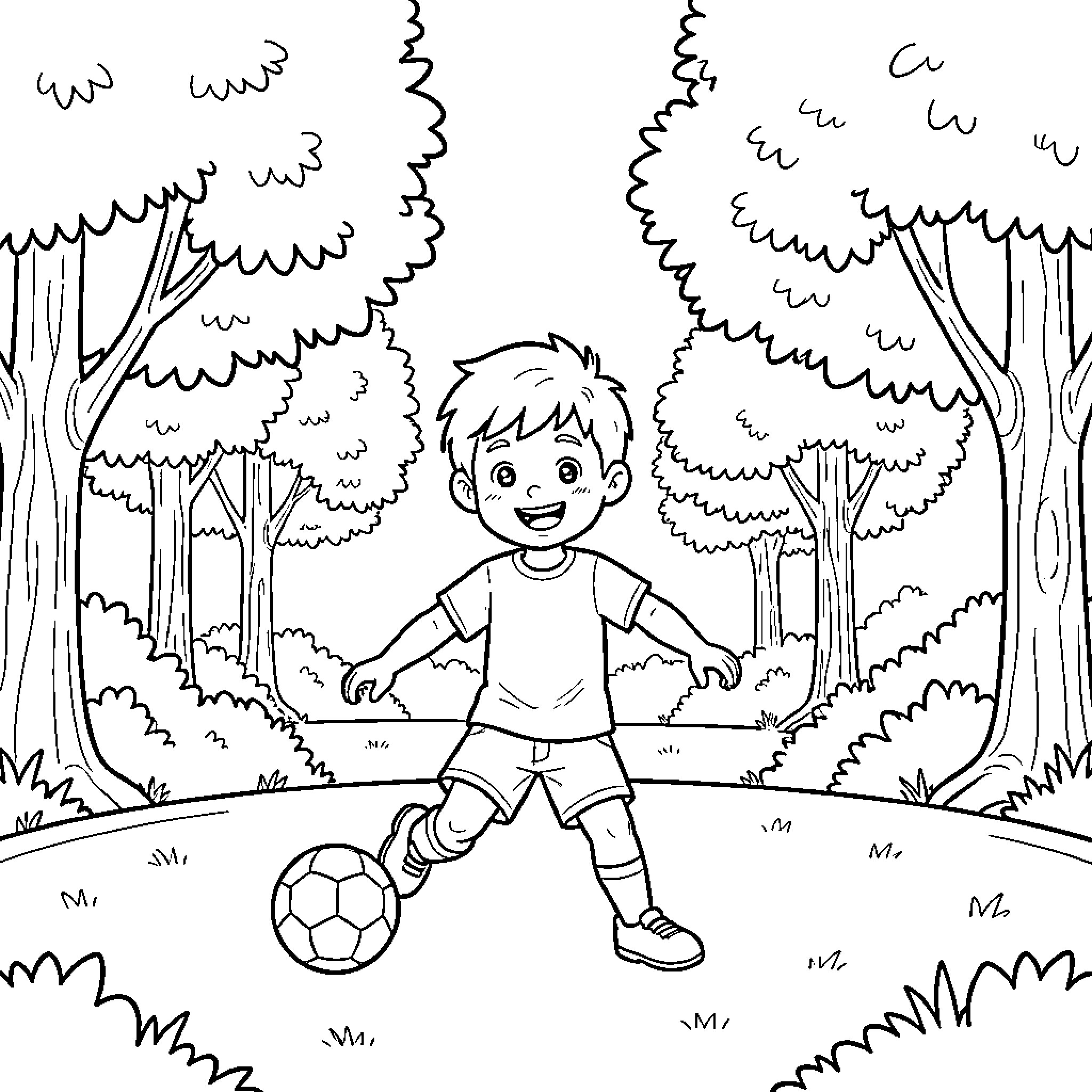 Niño jugando con su balón en el bosque Coloring Page (free black-and-white line drawing printable PDF for all, from beginners to advanced learners, including children, teens, adults, and seniors)