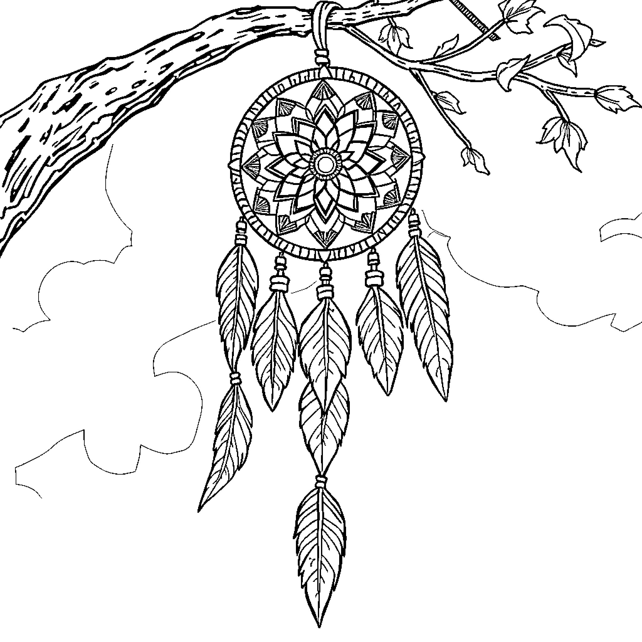 Dreamcatcher with intricate design on tree branch Coloring Page (free black-and-white line drawing printable PDF for all, from beginners to advanced learners, including children, teens, adults, and seniors)