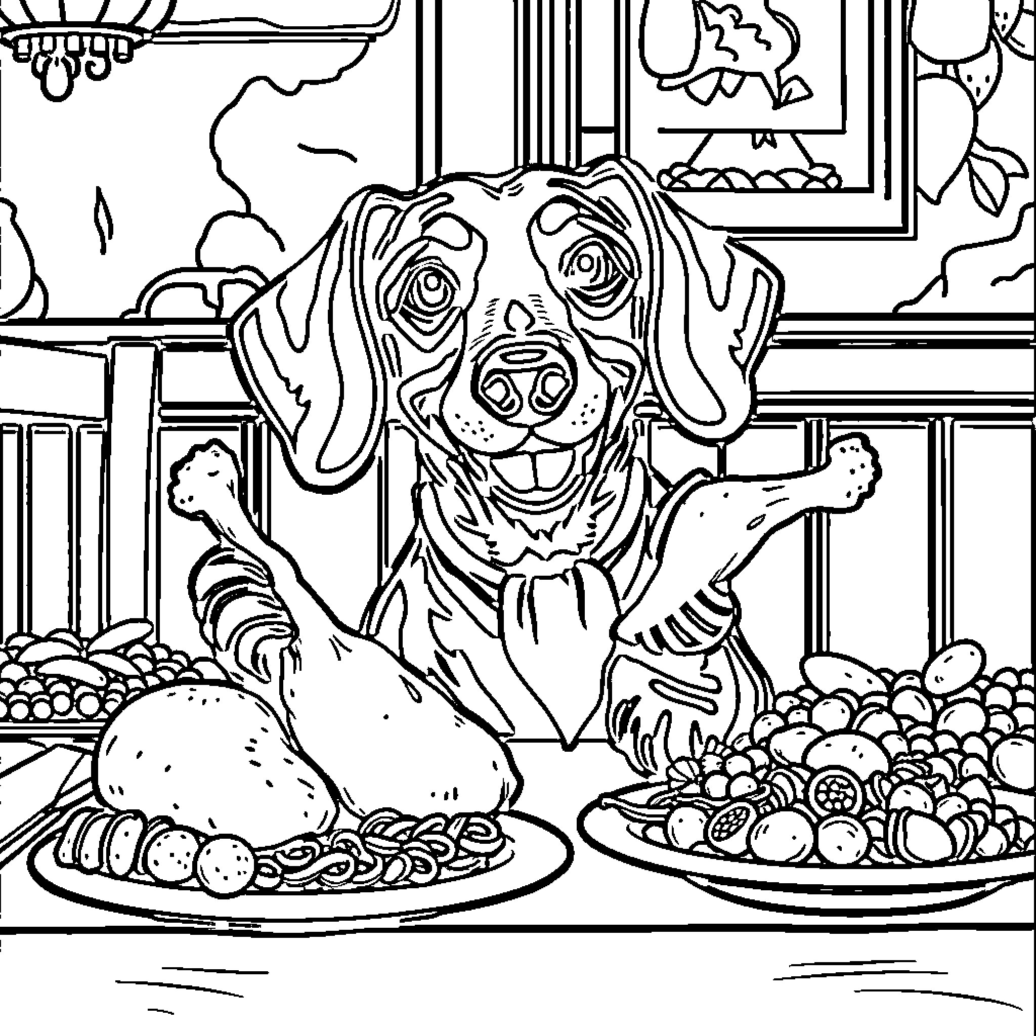 Dachshund eagerly eyeing Thanksgiving feast Coloring Page (free black-and-white line drawing printable PDF for all, from beginners to advanced learners, including children, teens, adults, and seniors)