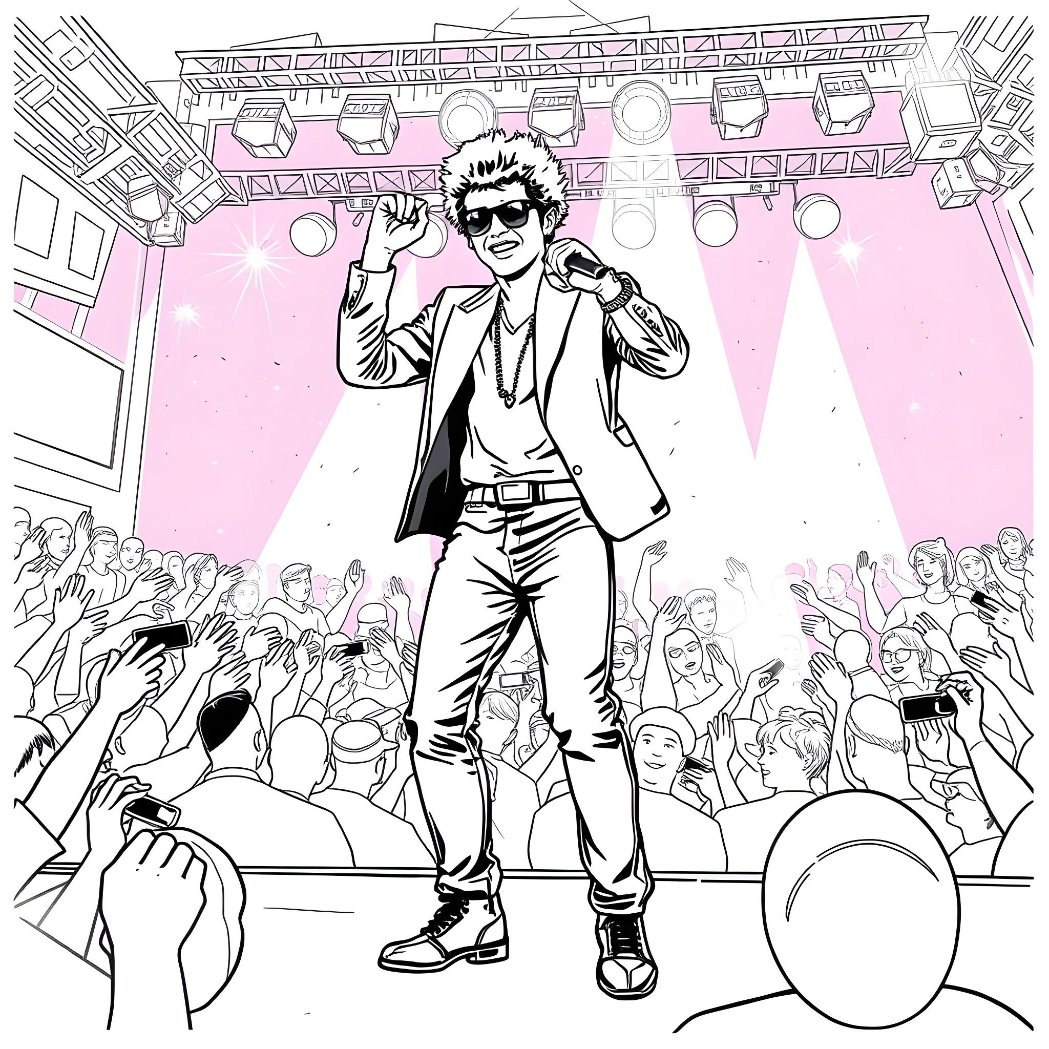Bruno Mars Performing on Stage with Enthusiastic Crowd Coloring Page (free black-and-white line drawing printable PDF for all, from beginners to advanced learners, including children, teens, adults, and seniors)