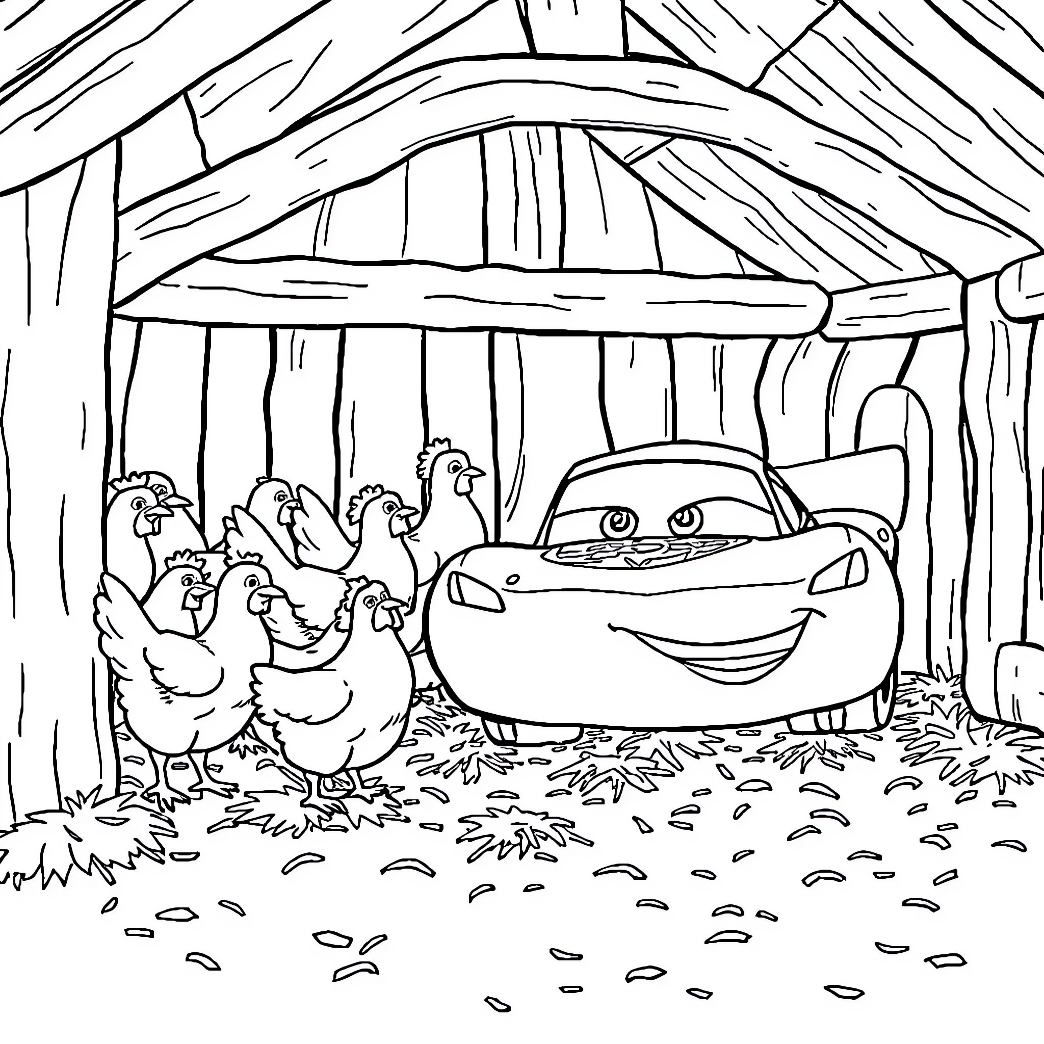 Lightning McQueen encounters chickens in the barn Coloring Page (free black-and-white line drawing printable PDF for all, from beginners to advanced learners, including children, teens, adults, and seniors)