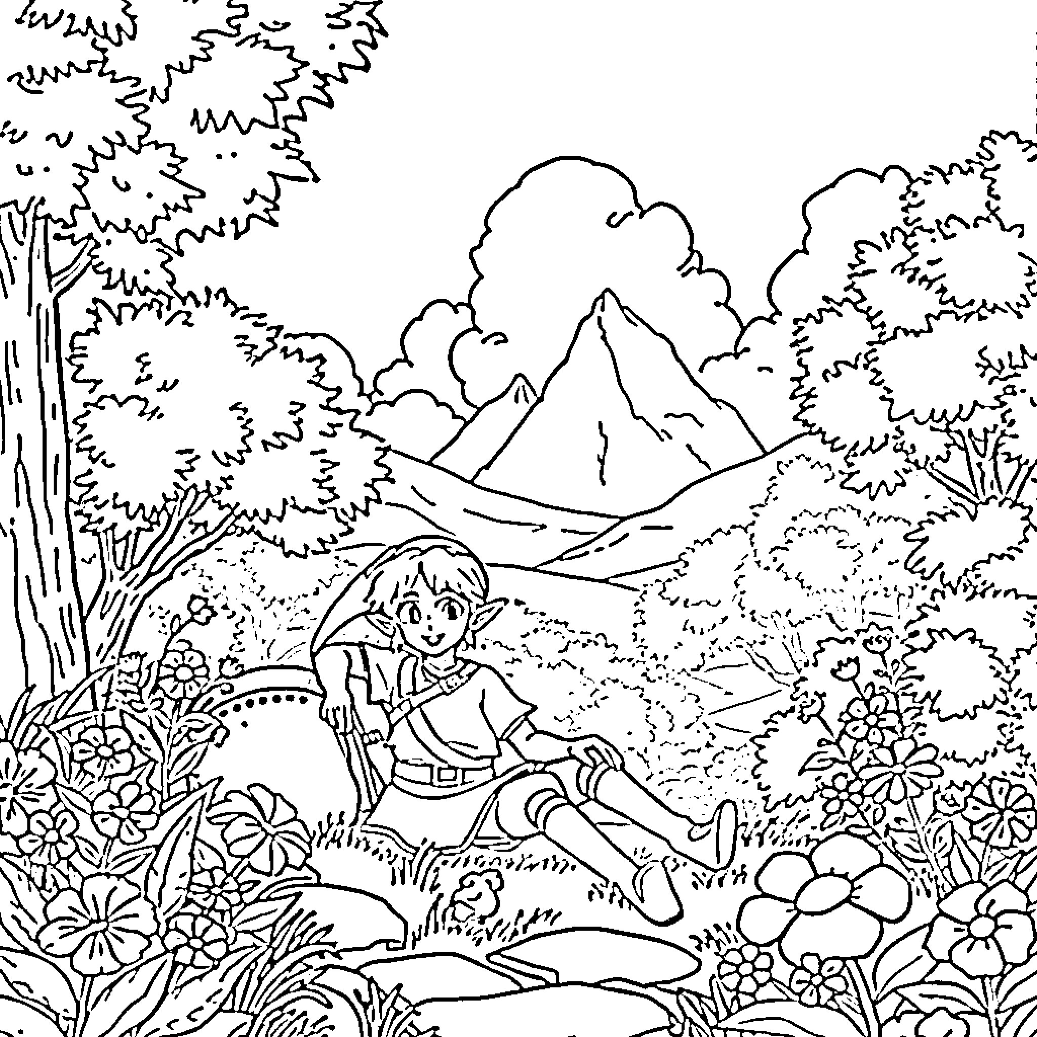 Steve's Outdoor Adventure in the Lush Landscape Coloring Page (free black-and-white line drawing printable PDF for all, from beginners to advanced learners, including children, teens, adults, and seniors)
