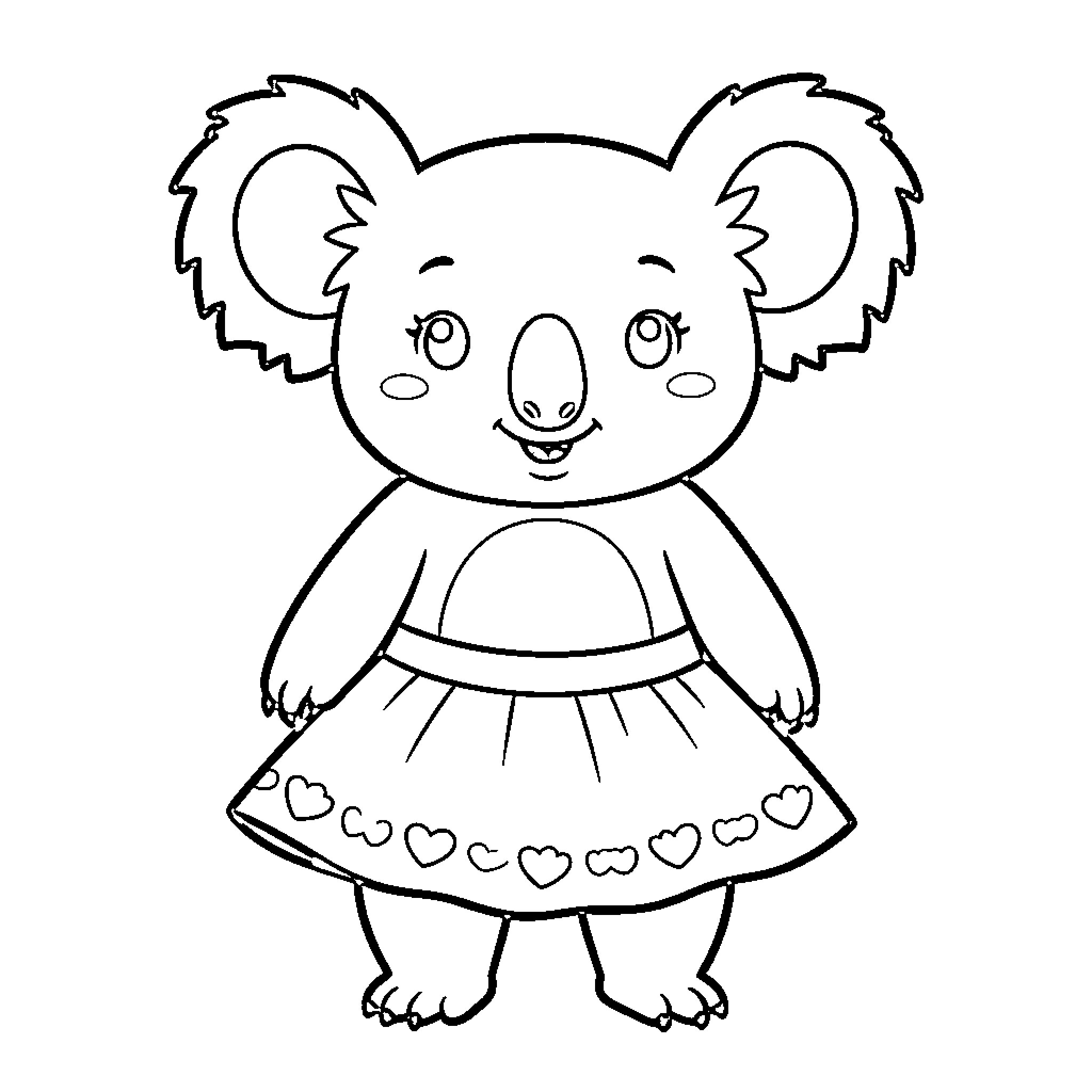 Koala wearing a cute skirt and smiling Coloring Page (free black-and-white line drawing printable PDF for all, from beginners to advanced learners, including children, teens, adults, and seniors)