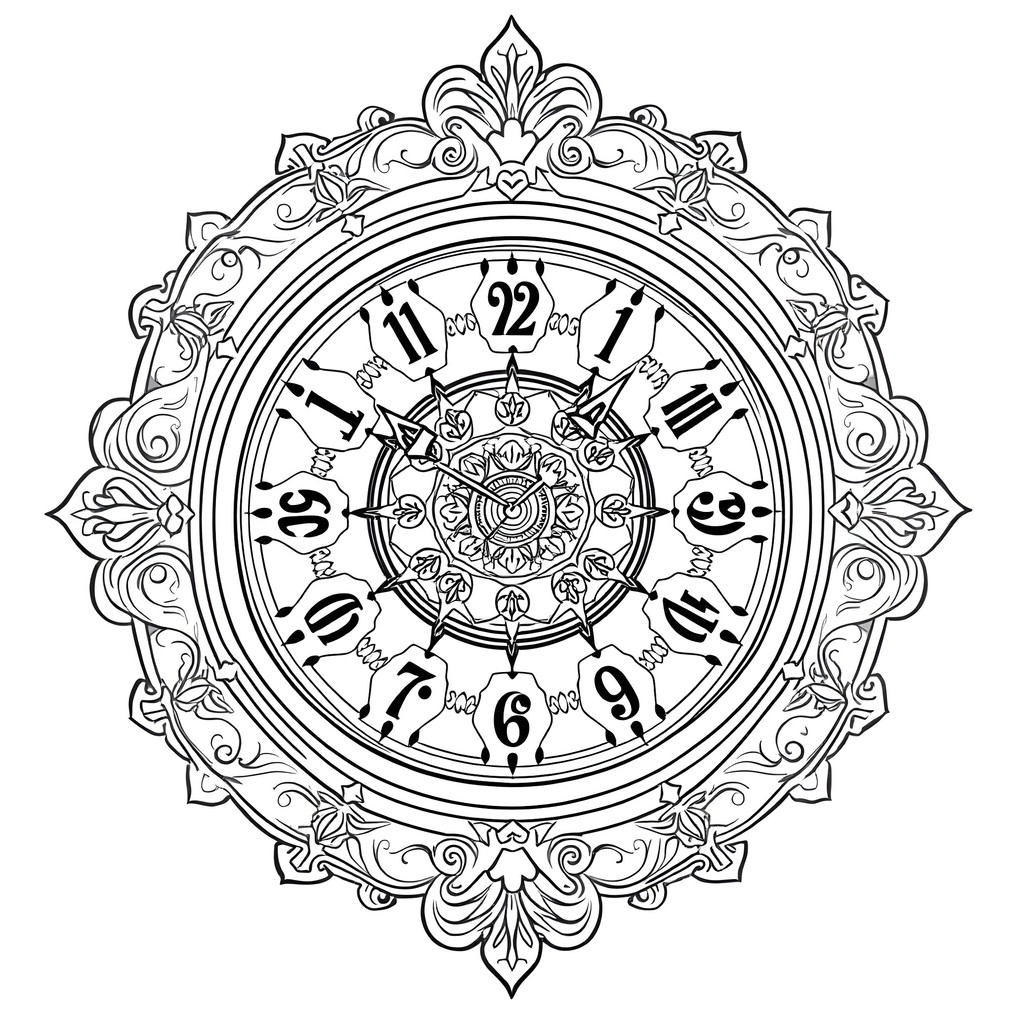 Clock with intricate ornamental frame Coloring Page (free black-and-white line drawing printable PDF for all, from beginners to advanced learners, including children, teens, adults, and seniors)