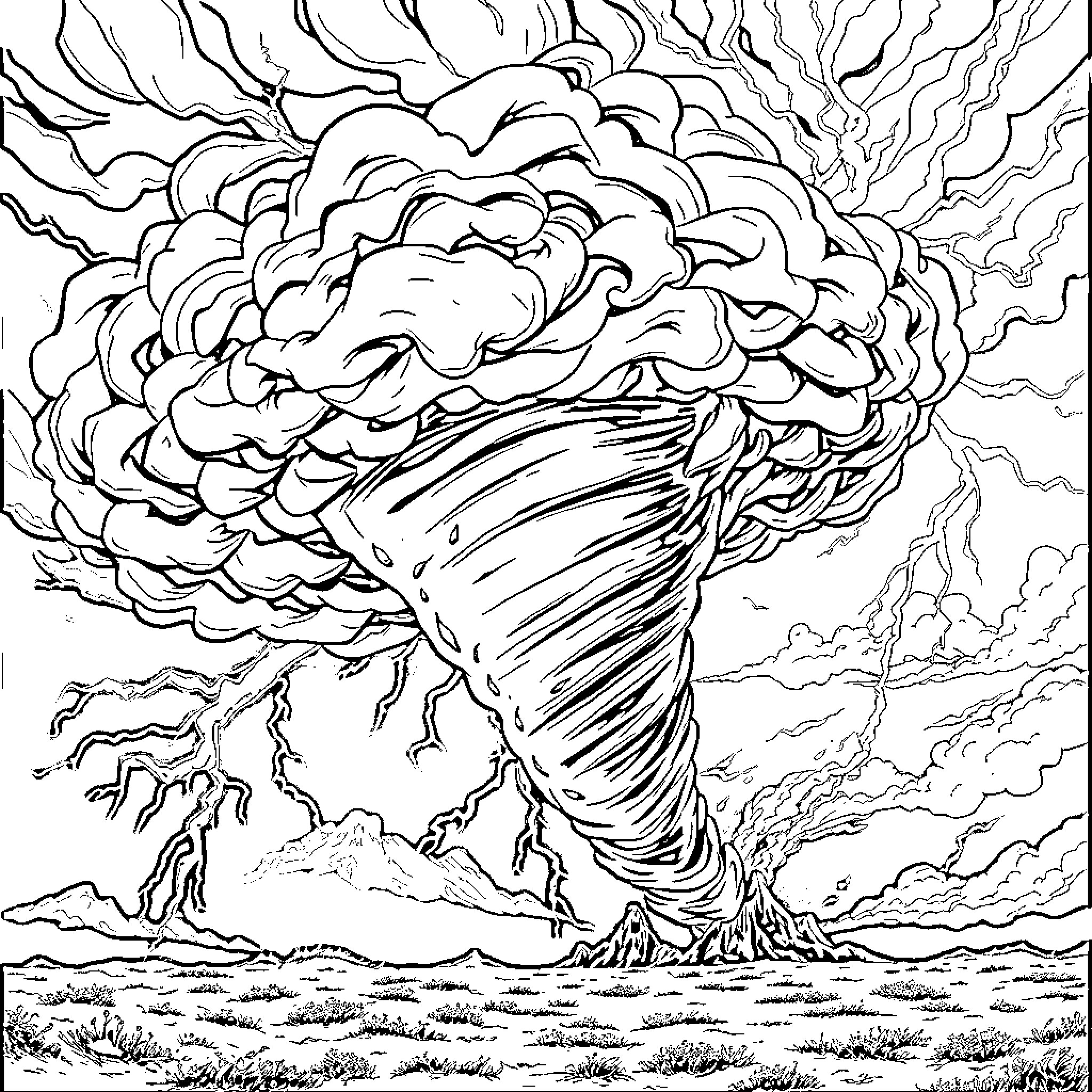 Thunderstorm with a Powerful Tornado Raging Coloring Page (free black-and-white line drawing printable PDF for all, from beginners to advanced learners, including children, teens, adults, and seniors)