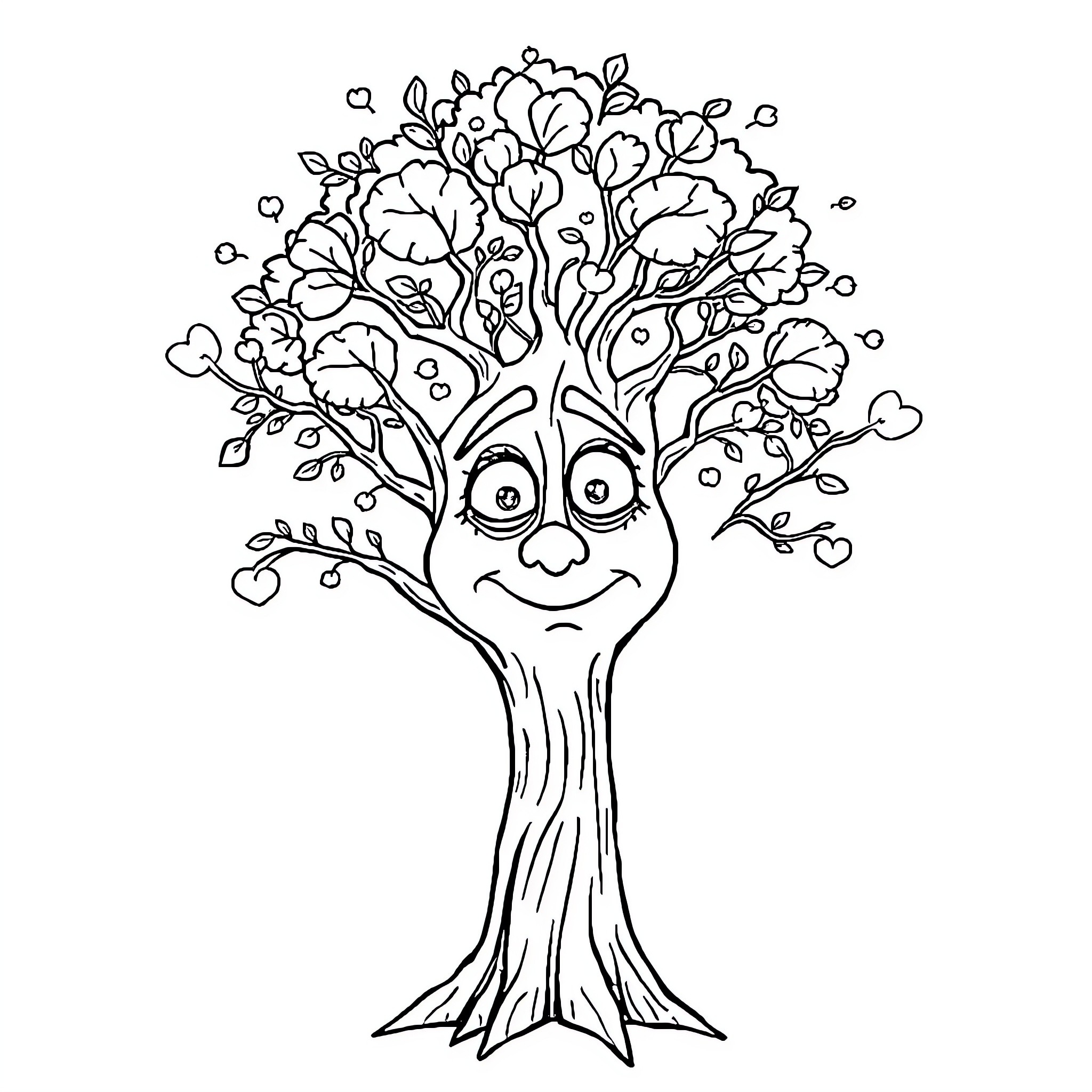 Tree with Whimsical Facial Features Coloring Page (free black-and-white line drawing printable PDF for all, from beginners to advanced learners, including children, teens, adults, and seniors)