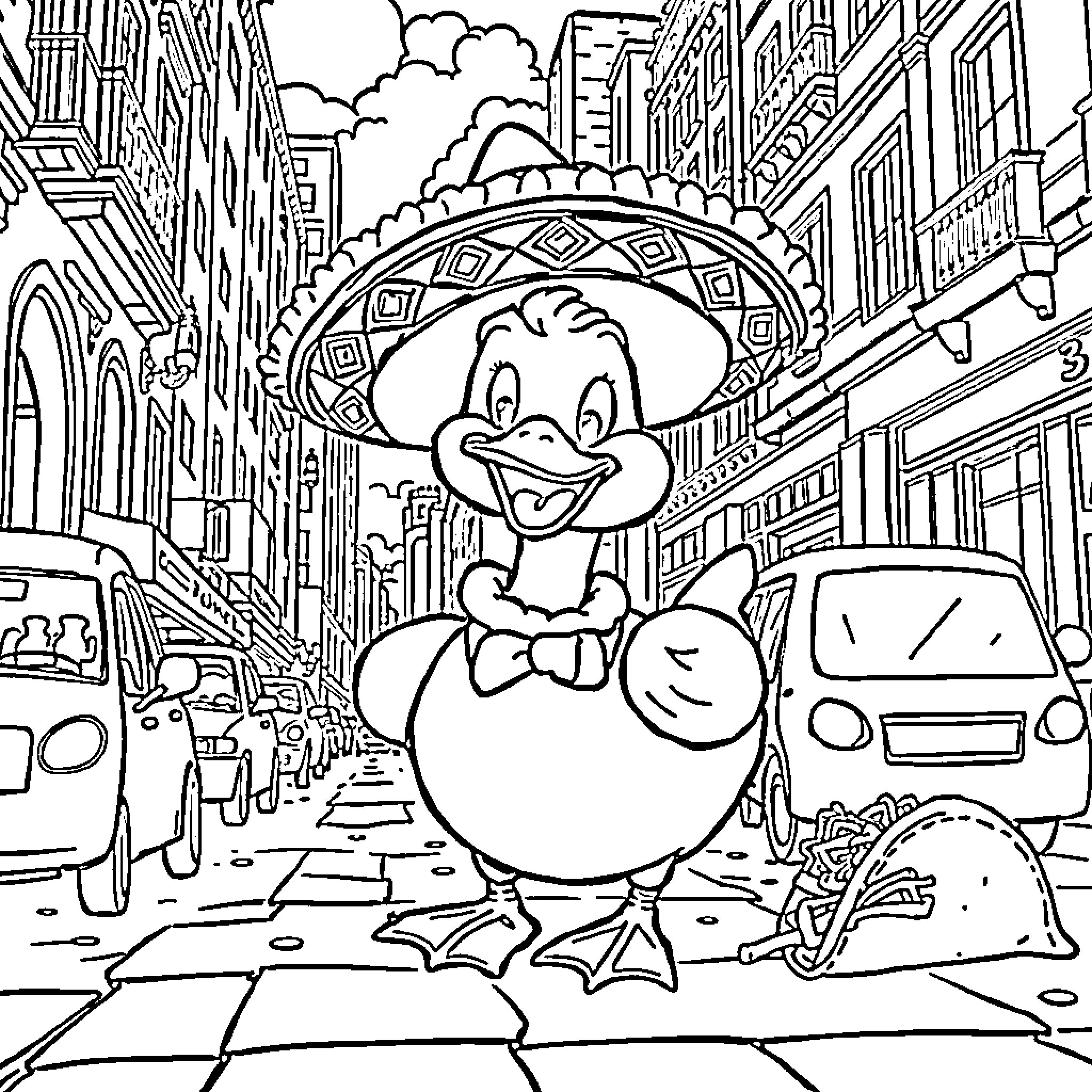 Duck enjoying the bustling city scene Coloring Page (free black-and-white line drawing printable PDF for all, from beginners to advanced learners, including children, teens, adults, and seniors)