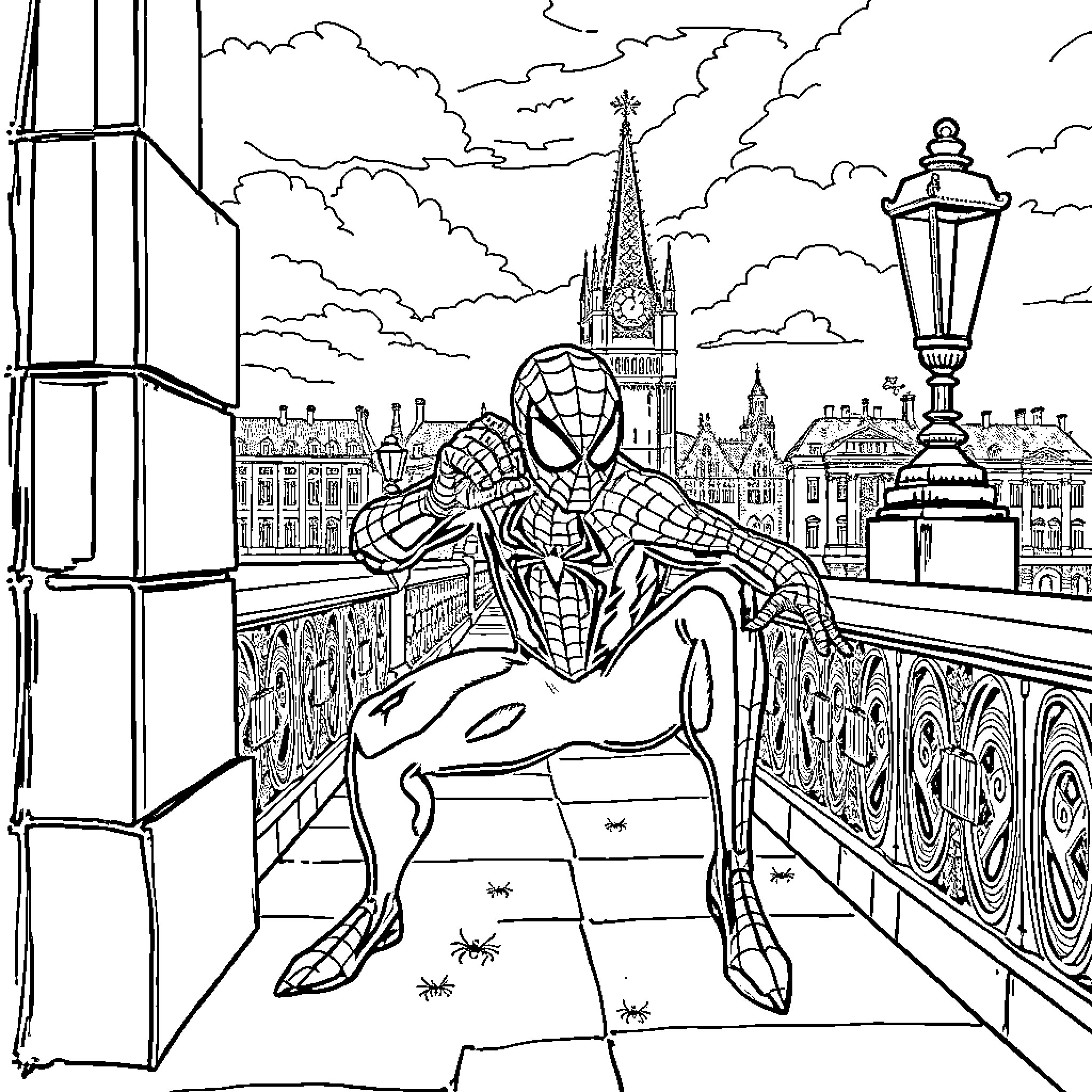 Spiderman in a dynamic crouched pose on a balcony Coloring Page (free black-and-white line drawing printable PDF for all, from beginners to advanced learners, including children, teens, adults, and seniors)