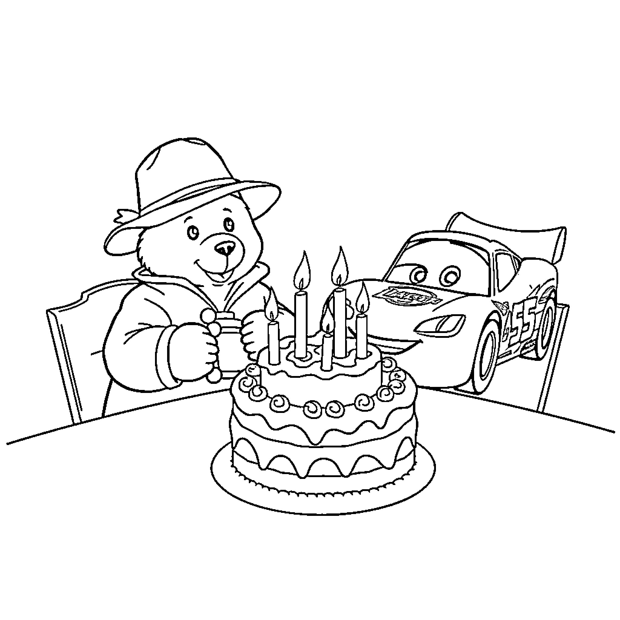 Paddington Bear celebrates birthday with Cars character Coloring Page (free black-and-white line drawing printable PDF for all, from beginners to advanced learners, including children, teens, adults, and seniors)