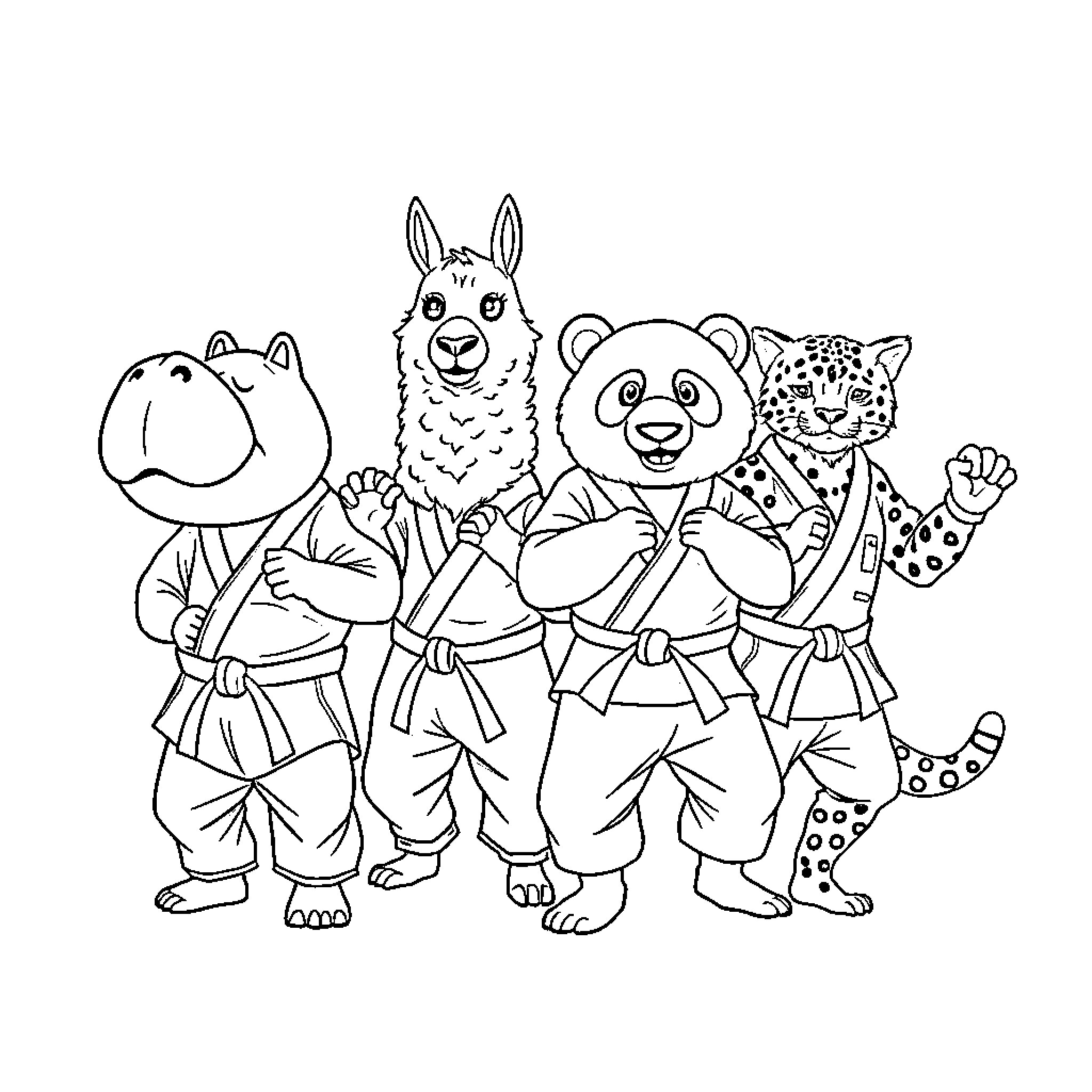 Animal characters in karate outfits Coloring Page (free black-and-white line drawing printable PDF for all, from beginners to advanced learners, including children, teens, adults, and seniors)