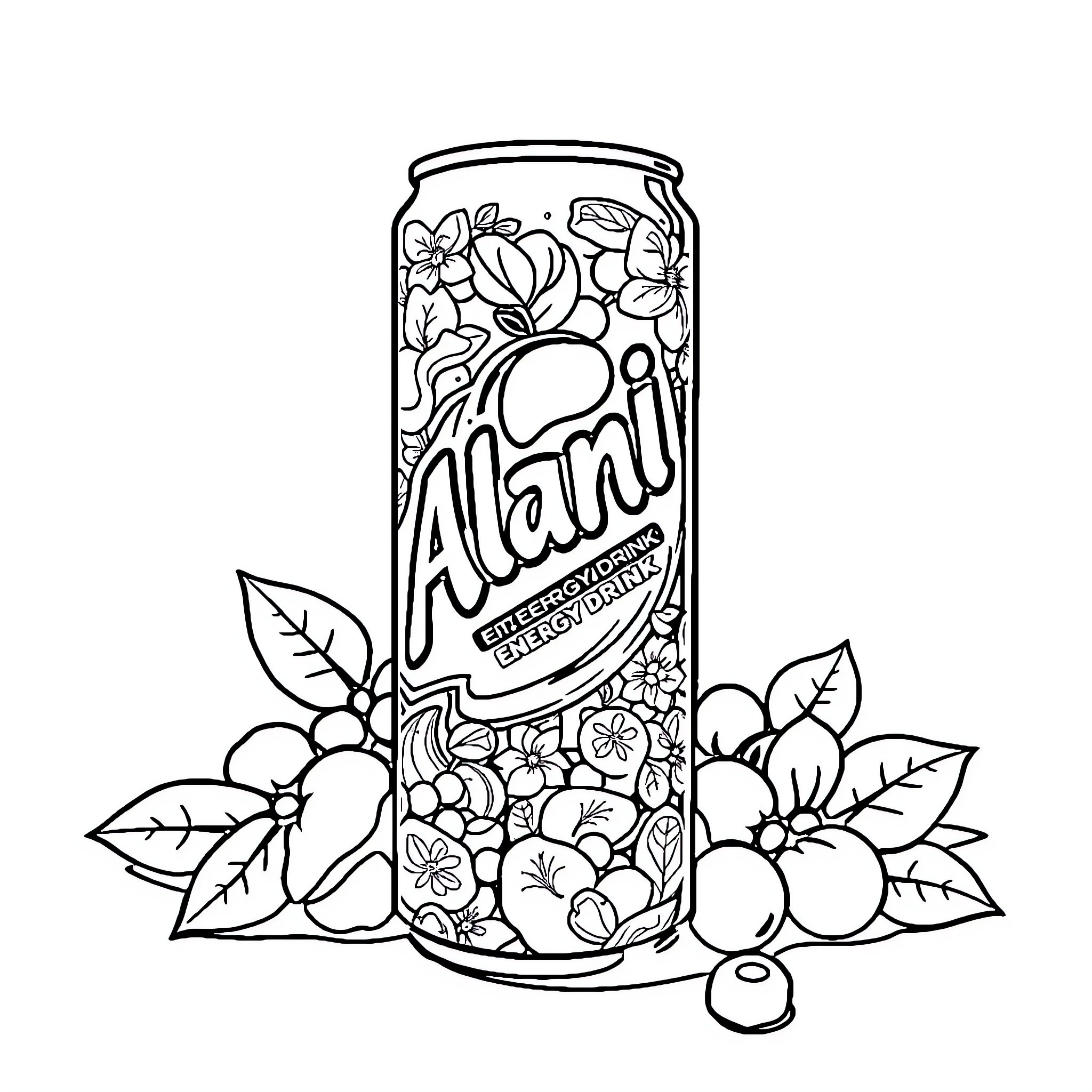 Energy Drink with Floral Design and Fruit Coloring Page (free black-and-white line drawing printable PDF for all, from beginners to advanced learners, including children, teens, adults, and seniors)