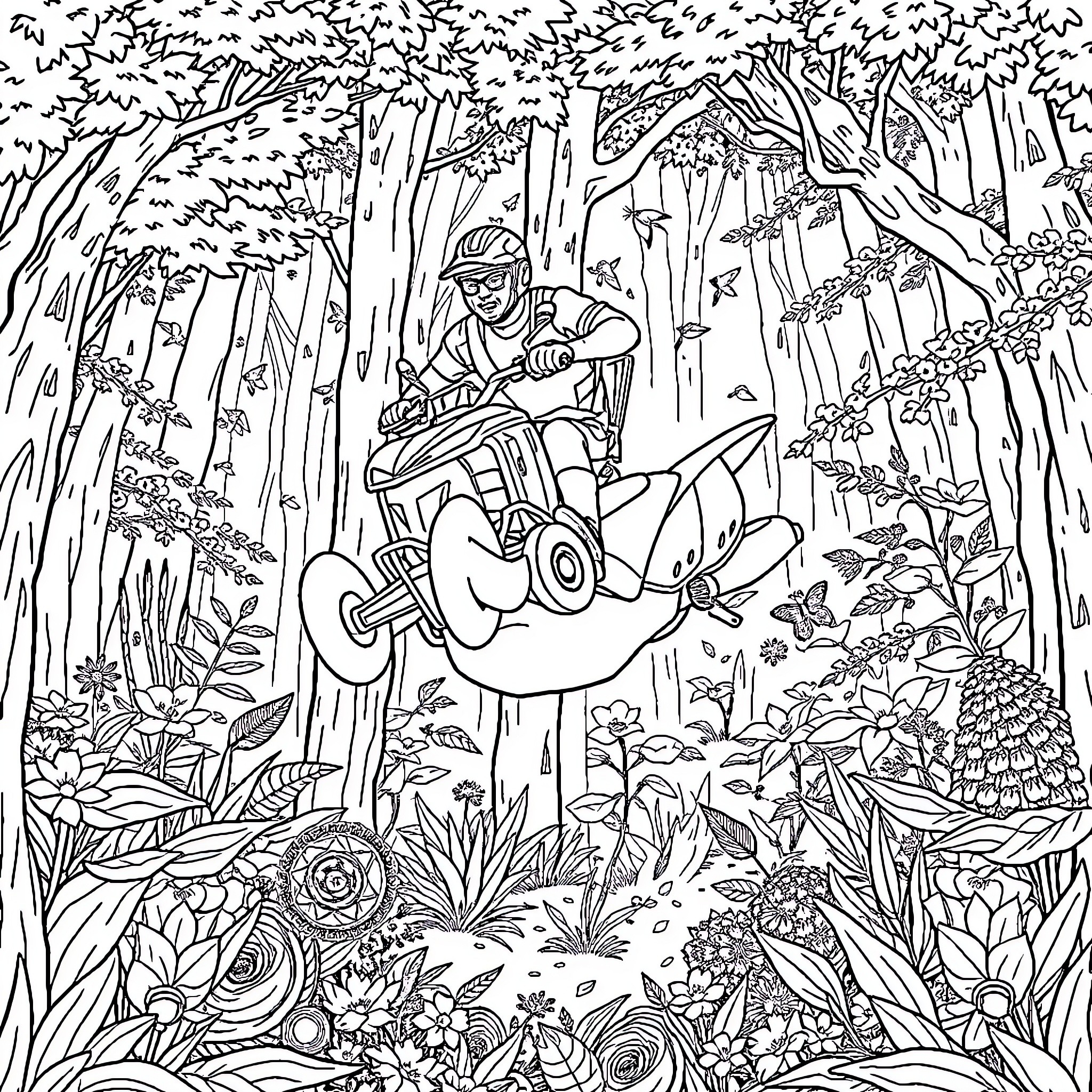 Quad Rider Exploring the Lush Forest Landscape Coloring Page (free black-and-white line drawing printable PDF for all, from beginners to advanced learners, including children, teens, adults, and seniors)