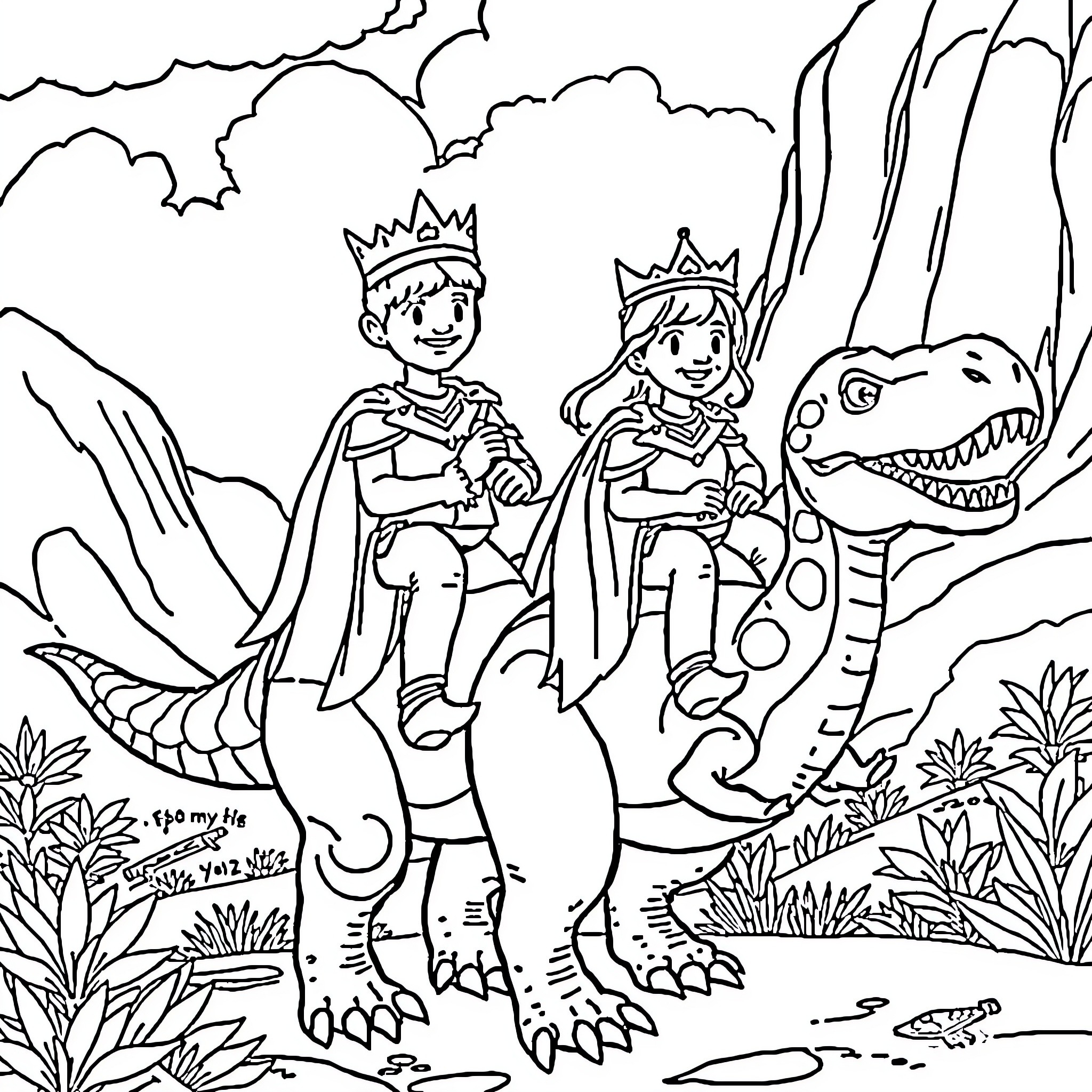 Prince and Princess Explore Magical Dinosaur Kingdom Coloring Page (free black-and-white line drawing printable PDF for all, from beginners to advanced learners, including children, teens, adults, and seniors)