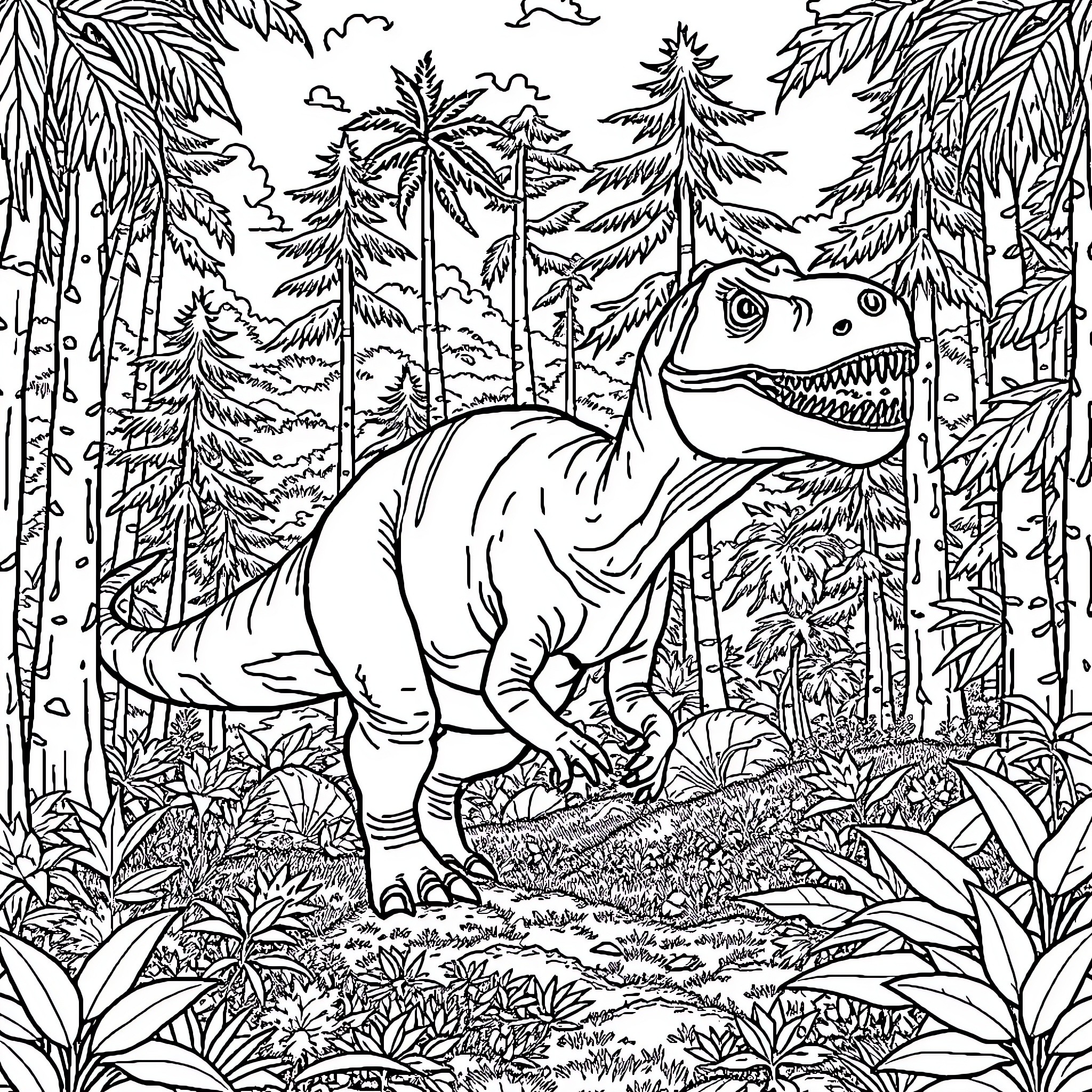 Dinosaur stalking through lush tropical forest Coloring Page (free black-and-white line drawing printable PDF for all, from beginners to advanced learners, including children, teens, adults, and seniors)