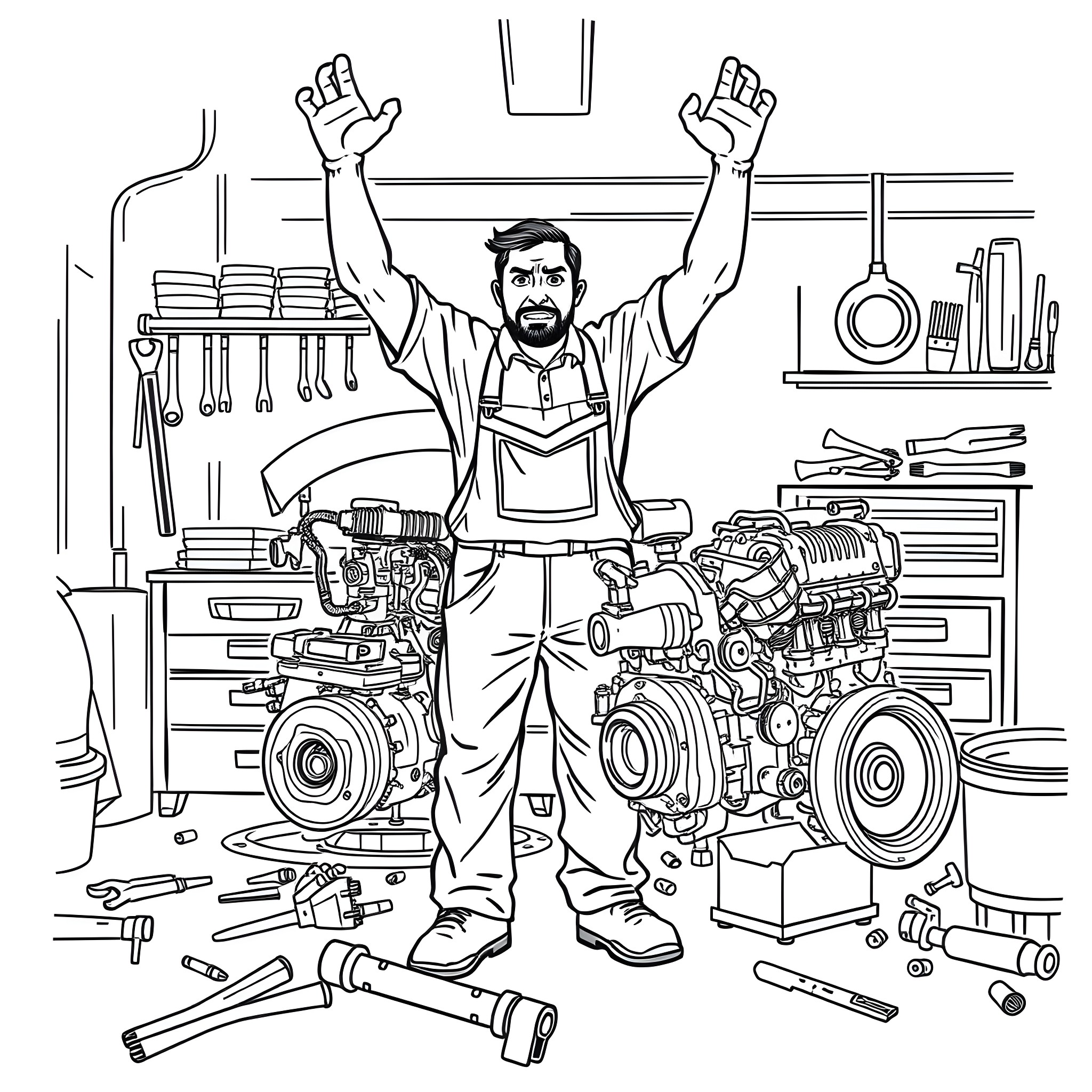 Mechanic celebrating success in the workshop Coloring Page (free black-and-white line drawing printable PDF for all, from beginners to advanced learners, including children, teens, adults, and seniors)