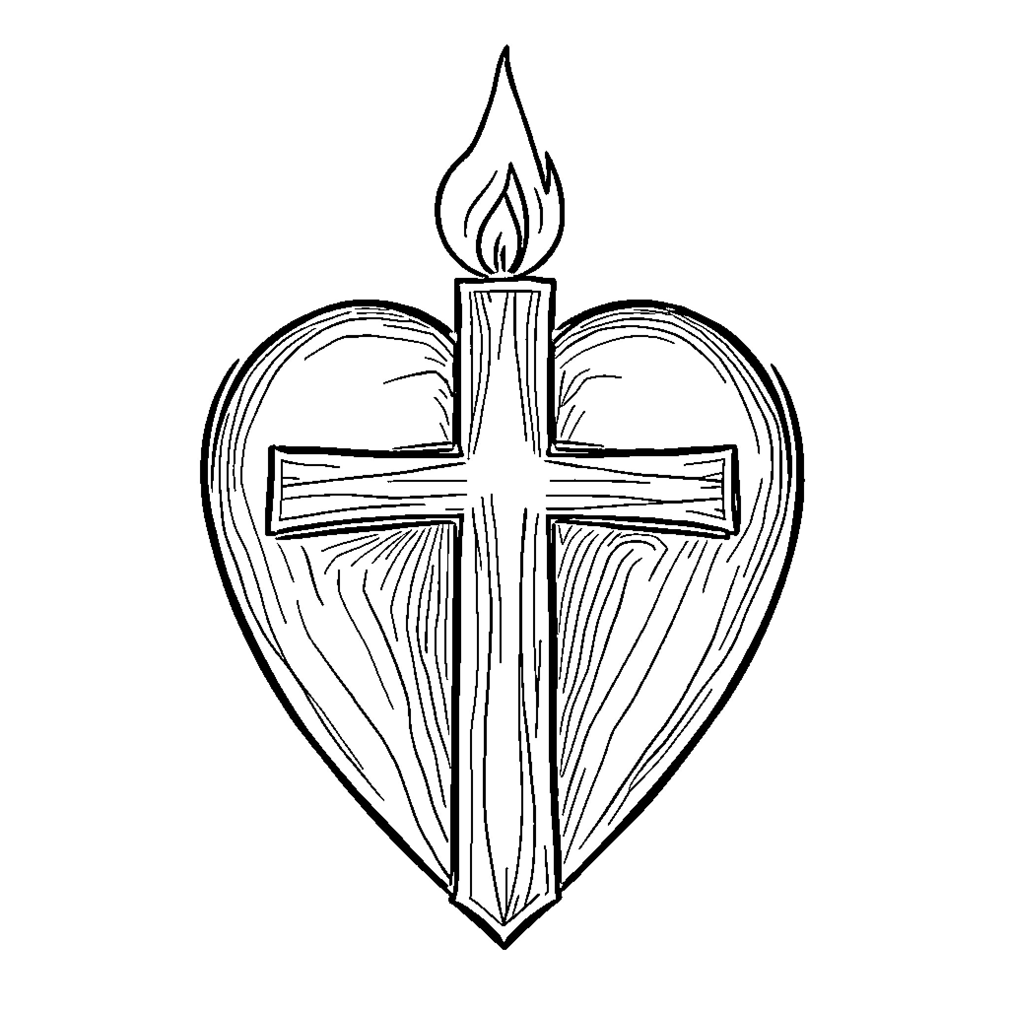 Cross with Flaming Heart Emblem Coloring Page (free black-and-white line drawing printable PDF for all, from beginners to advanced learners, including children, teens, adults, and seniors)