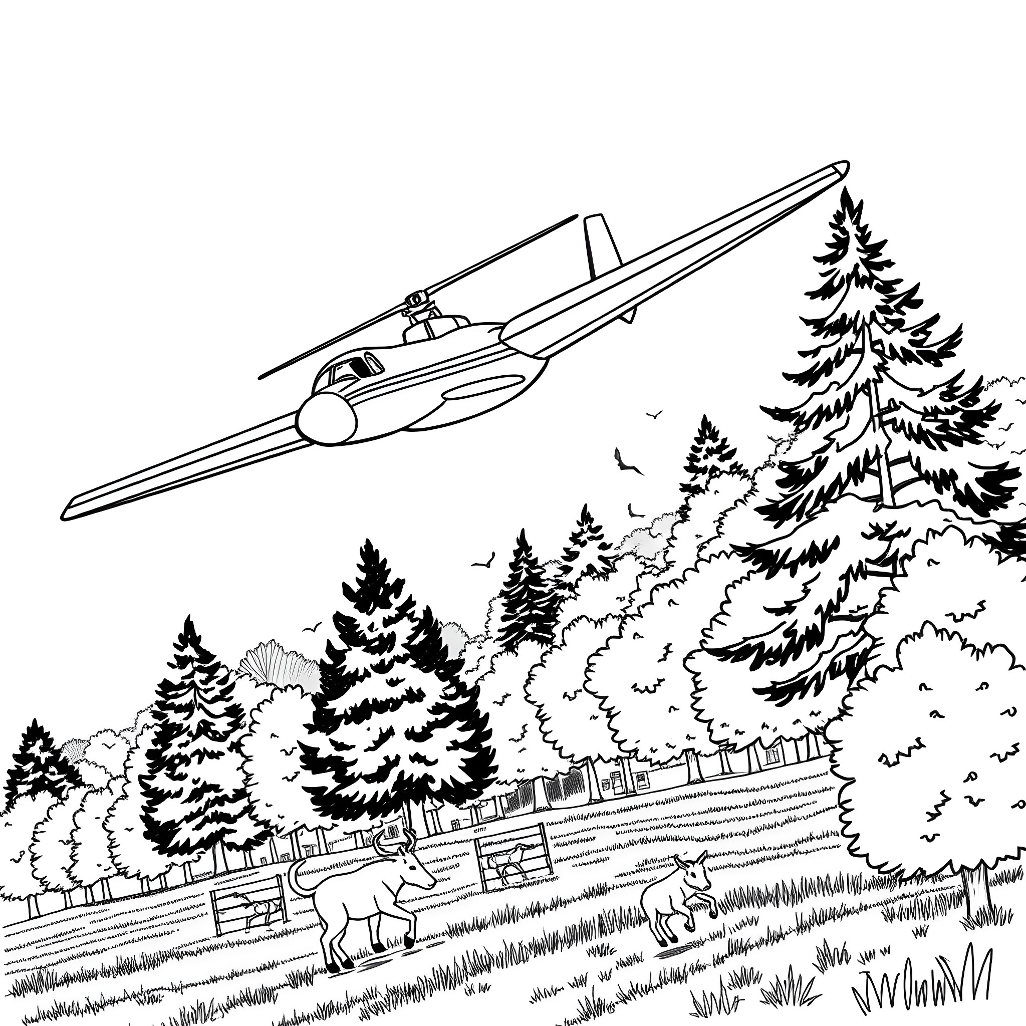 Firefighting Aircraft Flying Over Forested Landscape Coloring Page (free black-and-white line drawing printable PDF for all, from beginners to advanced learners, including children, teens, adults, and seniors)