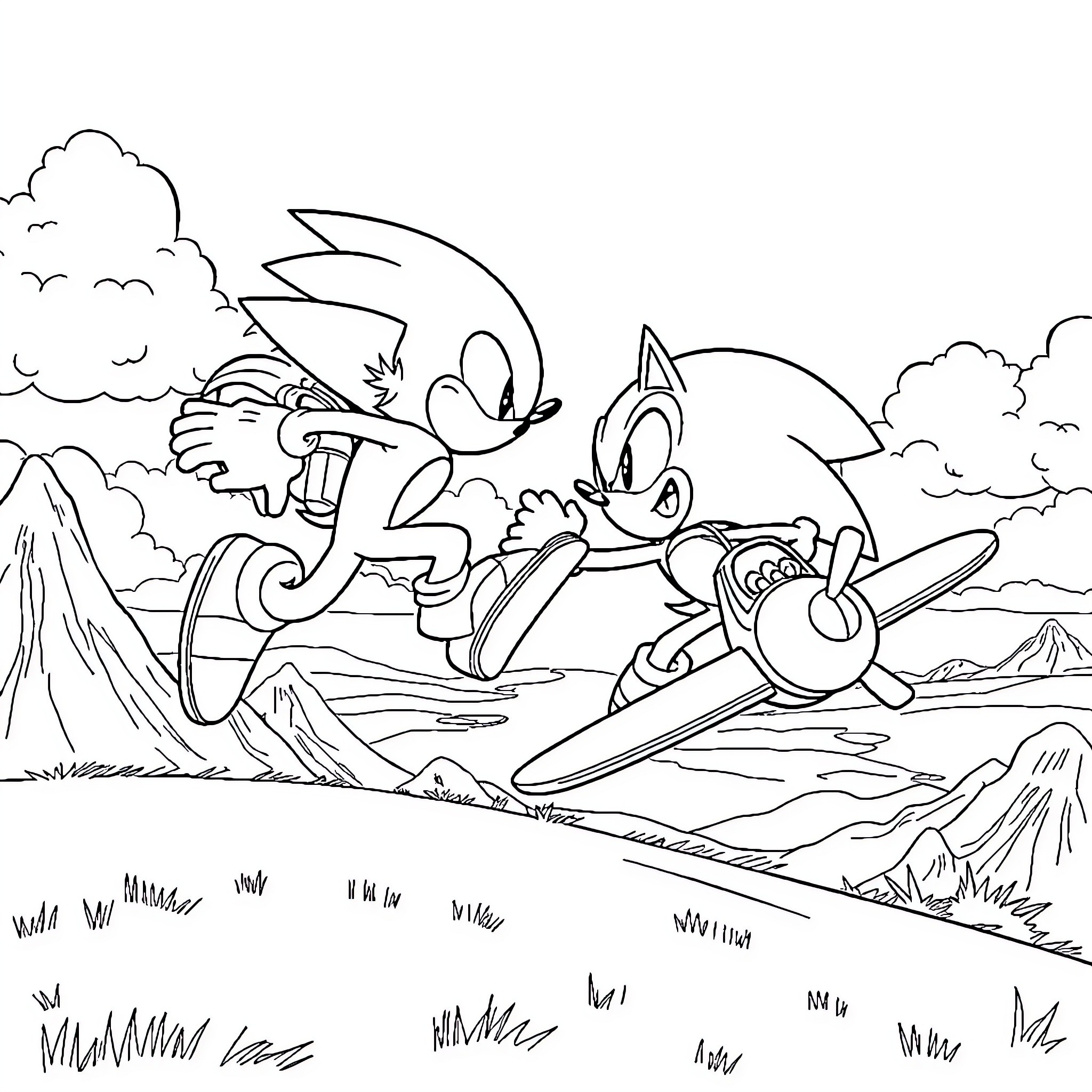 Sonic characters in an adventurous outdoor scene Coloring Page (free black-and-white line drawing printable PDF for all, from beginners to advanced learners, including children, teens, adults, and seniors)