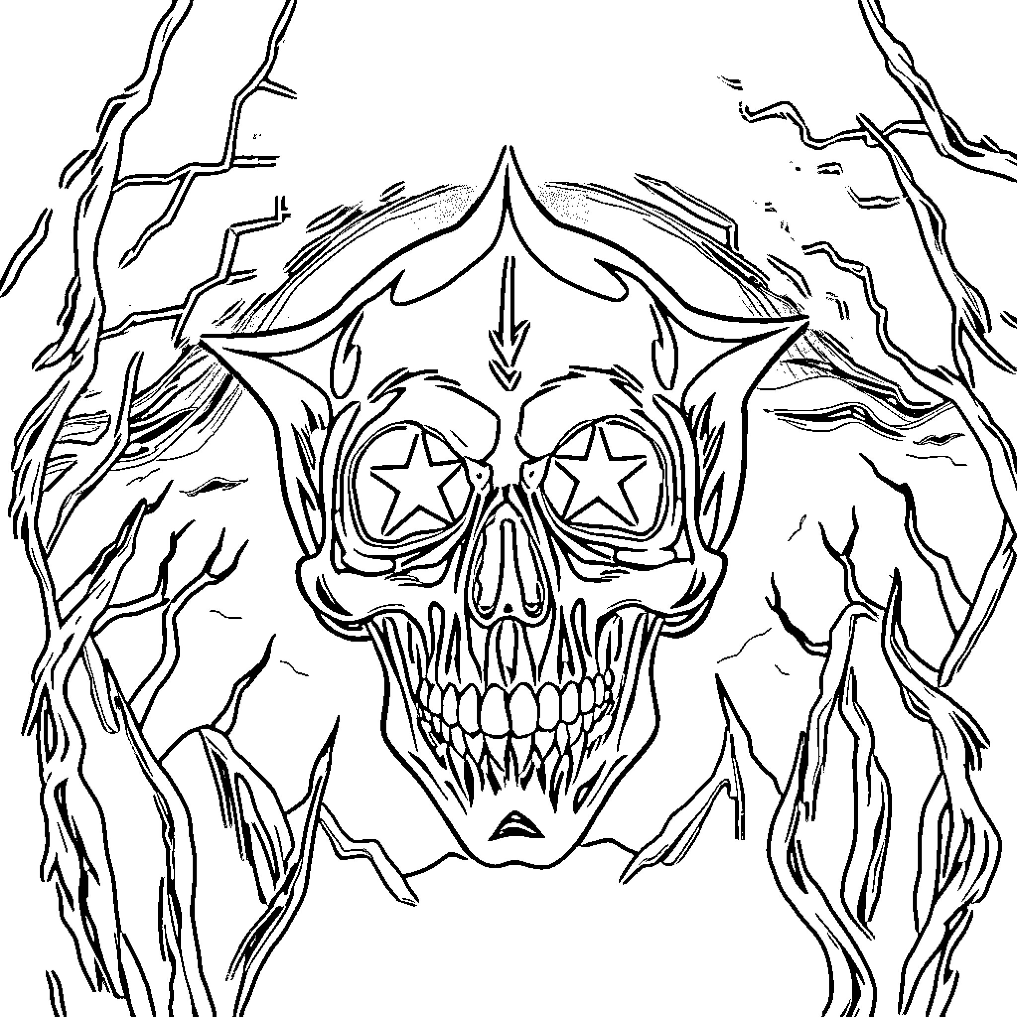 Skull with Intricate Design and Spooky Surroundings Coloring Page (free black-and-white line drawing printable PDF for all, from beginners to advanced learners, including children, teens, adults, and seniors)