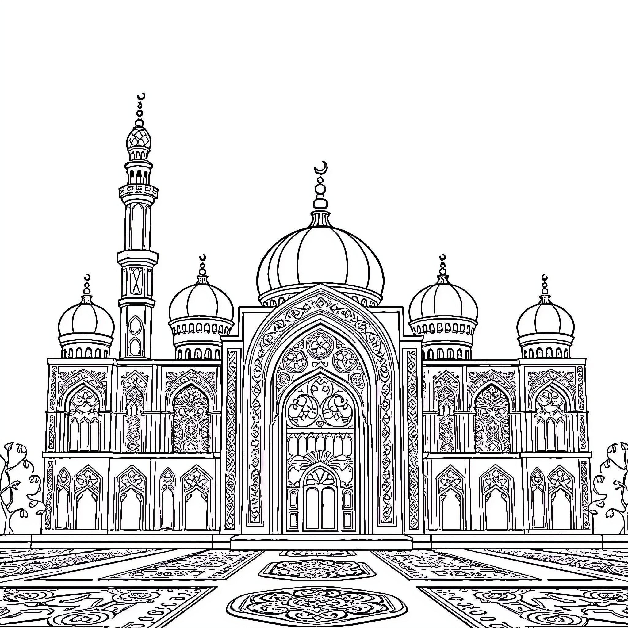 Islamic architectural masterpiece with ornate domes and minarets Coloring Page (free black-and-white line drawing printable PDF for all, from beginners to advanced learners, including children, teens, adults, and seniors)