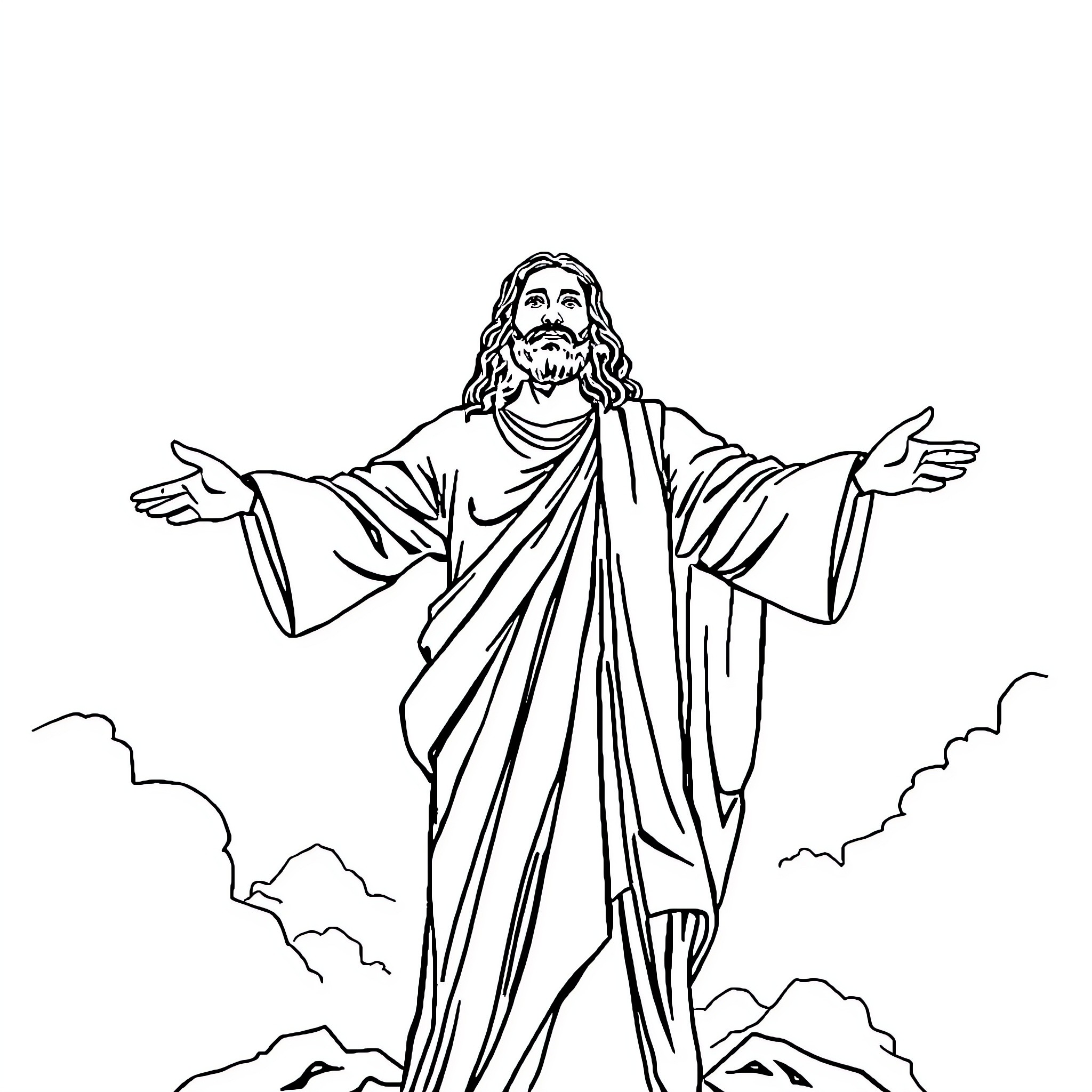 Jesus with outstretched arms against the clouds Coloring Page (free black-and-white line drawing printable PDF for all, from beginners to advanced learners, including children, teens, adults, and seniors)
