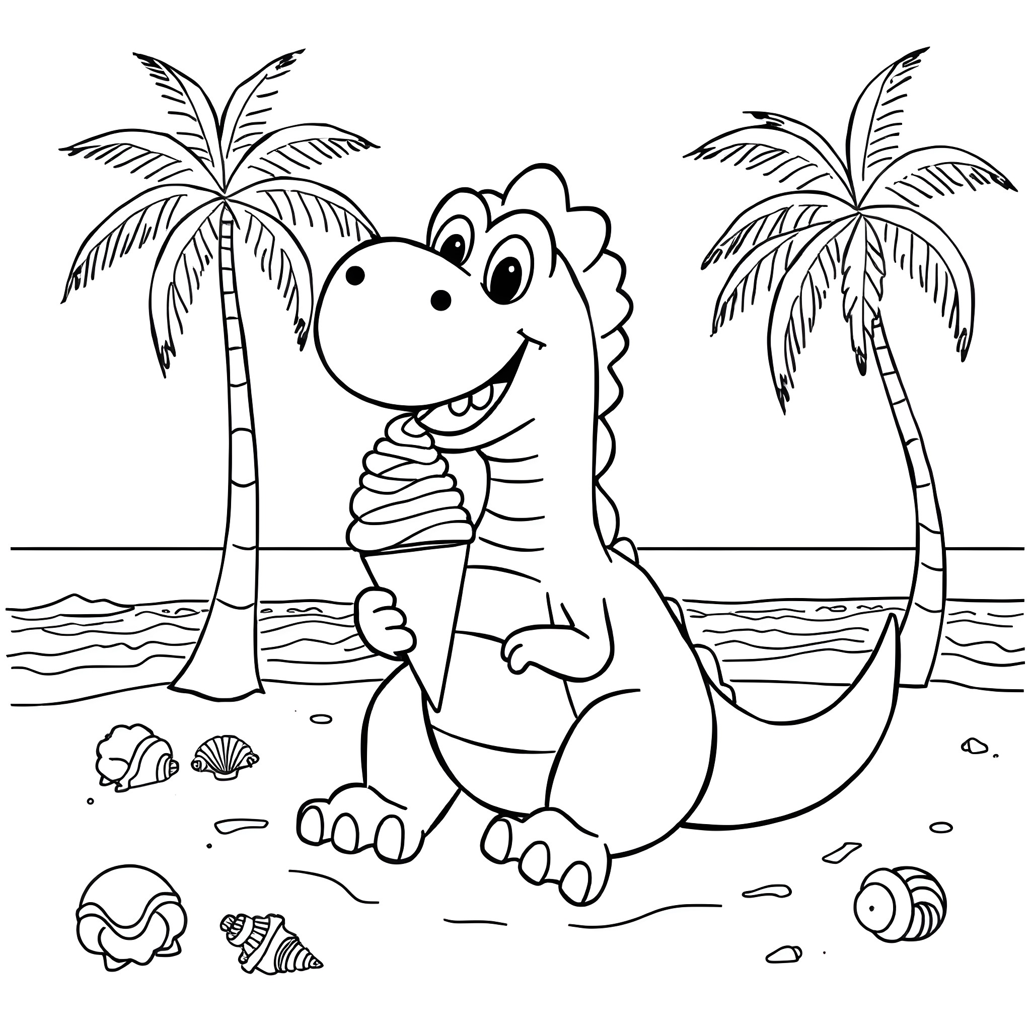 Dinosaur playing happily on the beach Coloring Page (free black-and-white line drawing printable PDF for all, from beginners to advanced learners, including children, teens, adults, and seniors)