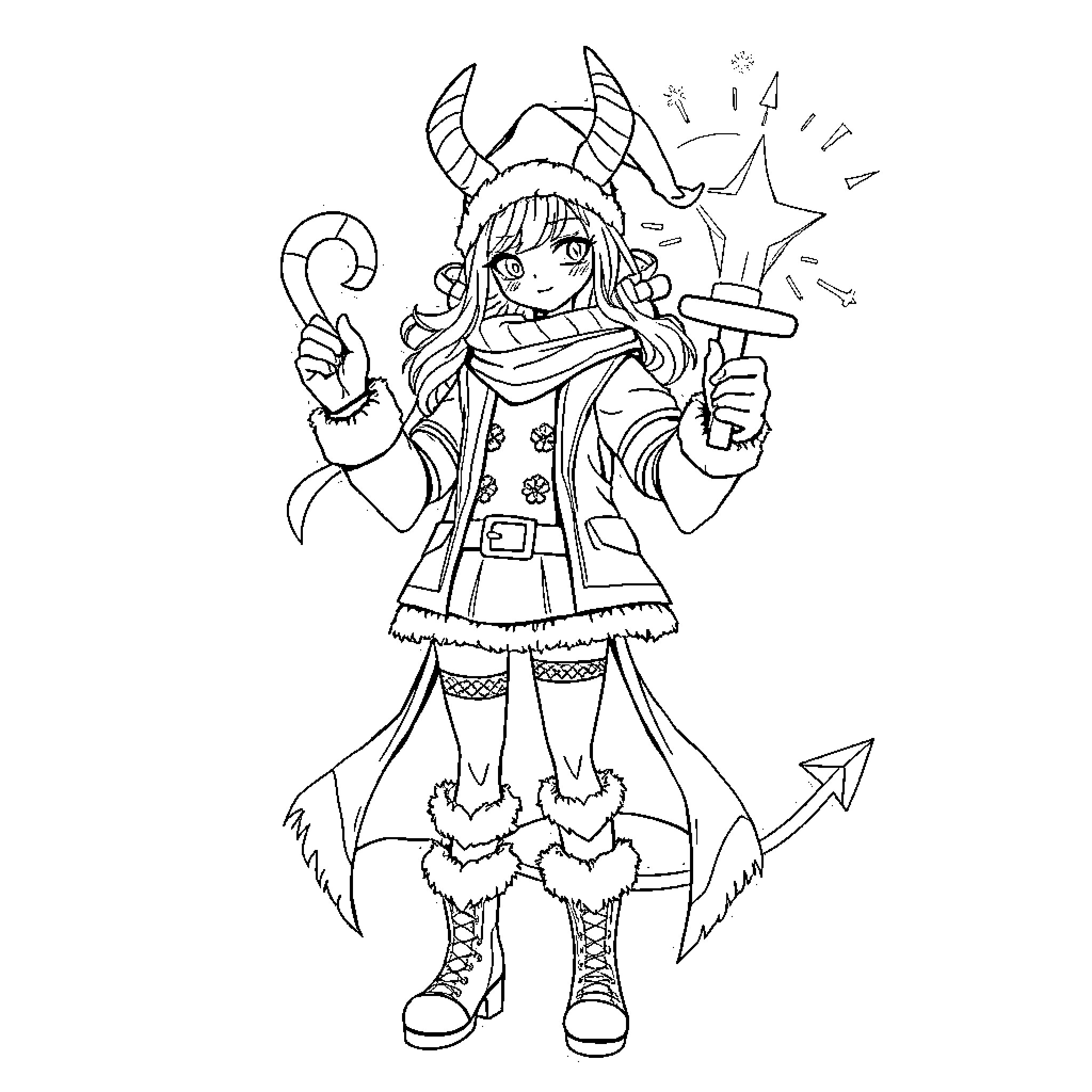 Huntrix Adventuring in Whimsical Attire Coloring Page (free black-and-white line drawing printable PDF for all, from beginners to advanced learners, including children, teens, adults, and seniors)