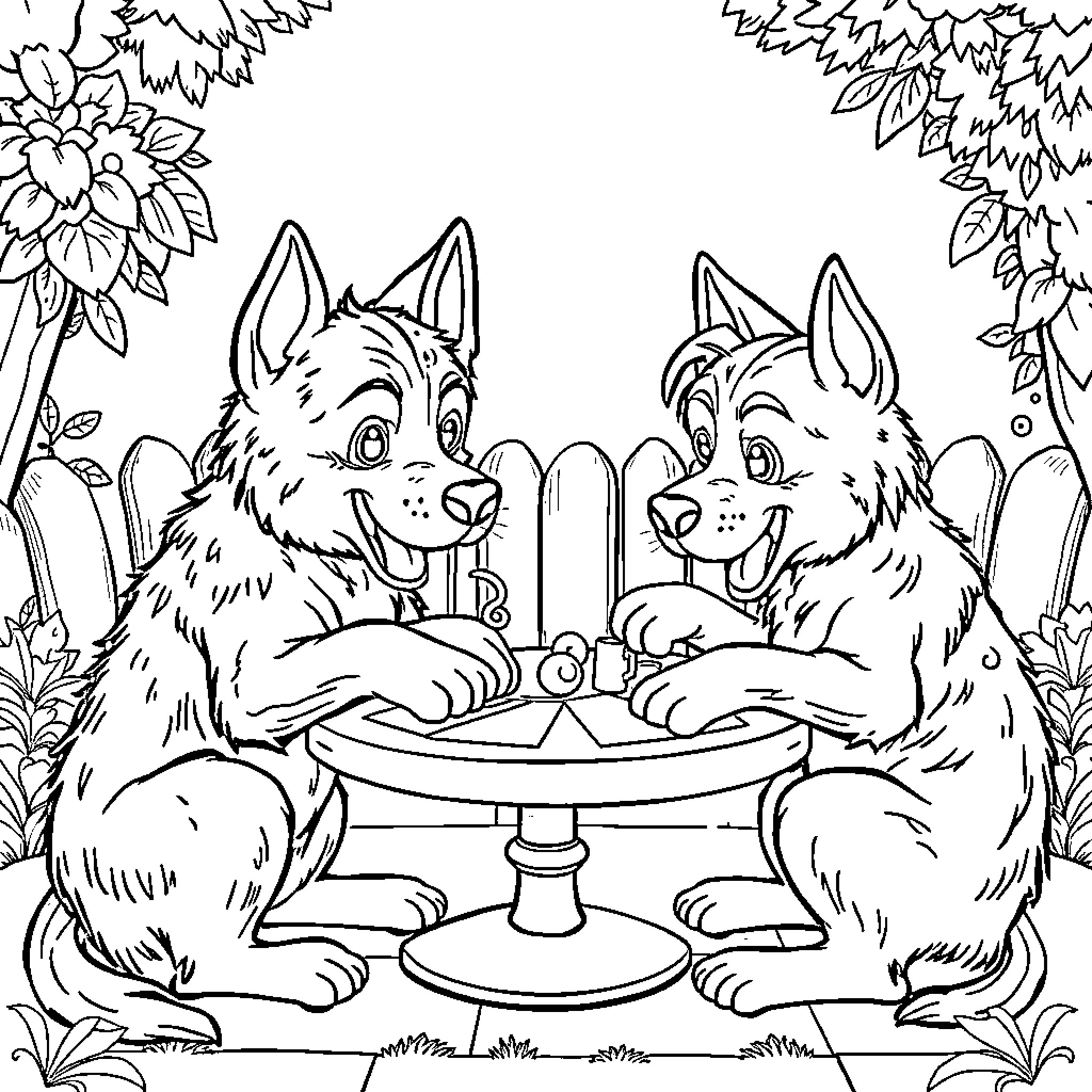 Dog Friends Enjoying a Cozy Chat Coloring Page (free black-and-white line drawing printable PDF for all, from beginners to advanced learners, including children, teens, adults, and seniors)