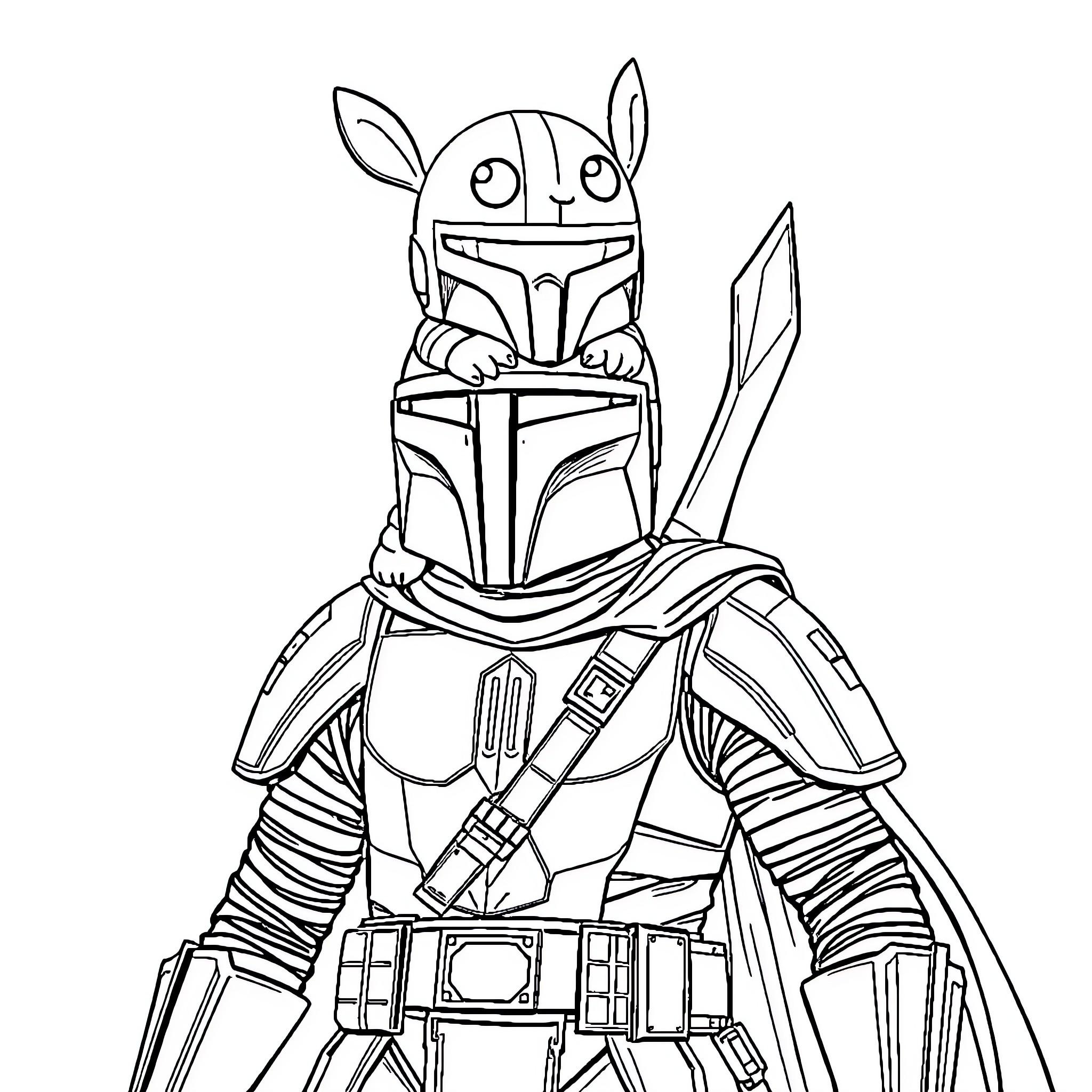 Grogu as the Mandalorian warrior Coloring Page (free black-and-white line drawing printable PDF for all, from beginners to advanced learners, including children, teens, adults, and seniors)